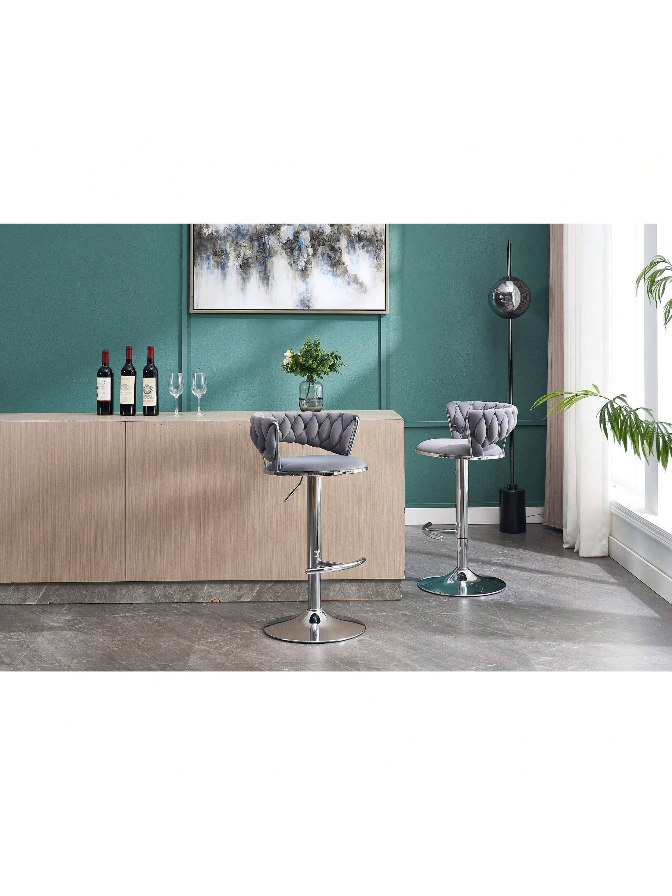 Angle. Trinkets Crazed - Velvet Bar Stools Set Of 2, Modern Swivel Barstools With Woven Backrest, Adjustable Counter Stools - Gray.