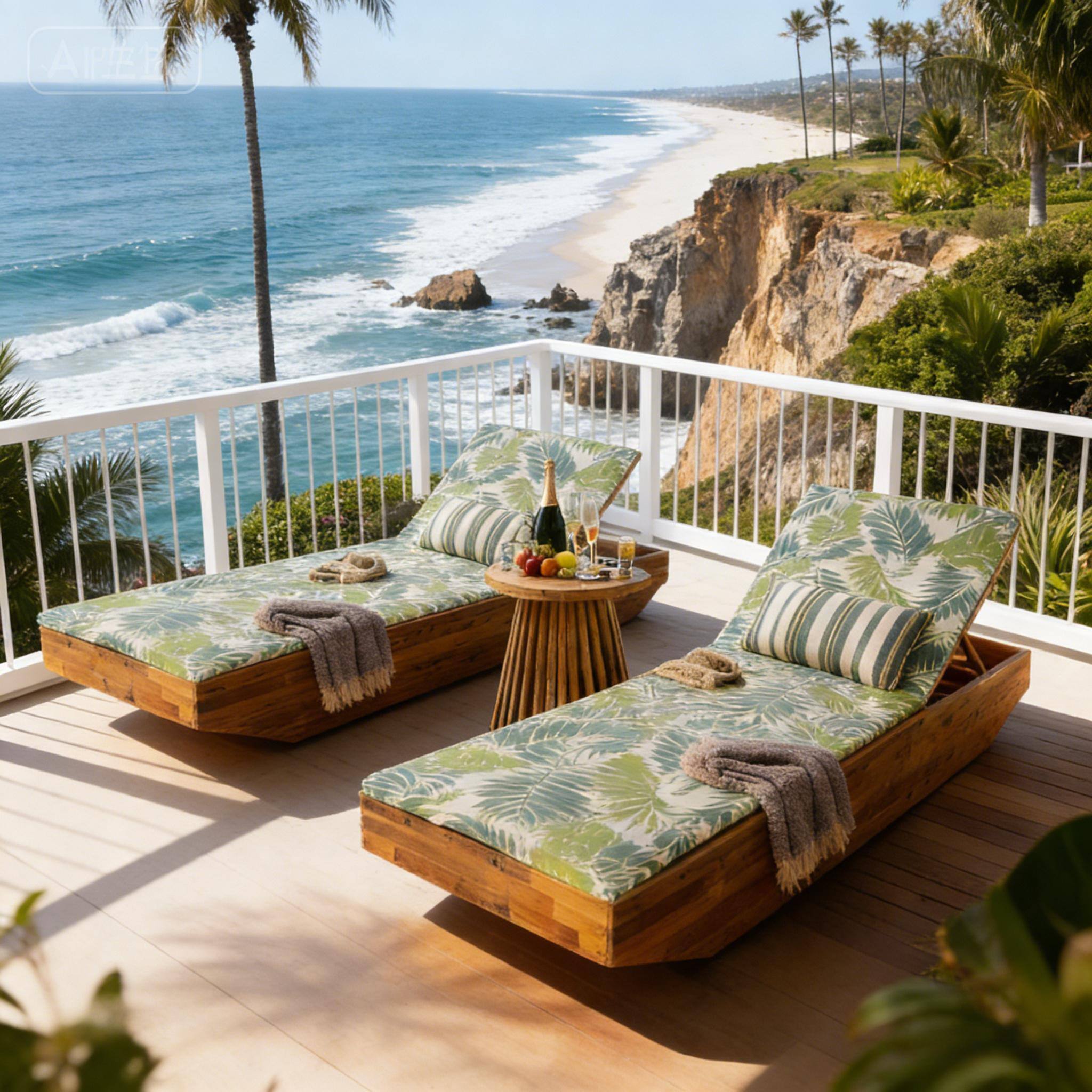 Left. Anysun - Acacia Wood Chaise Lounge with Teak Finish, Outdoor Recliner with 2-Fold Water-Repellent Cushion - Green Leaf.
