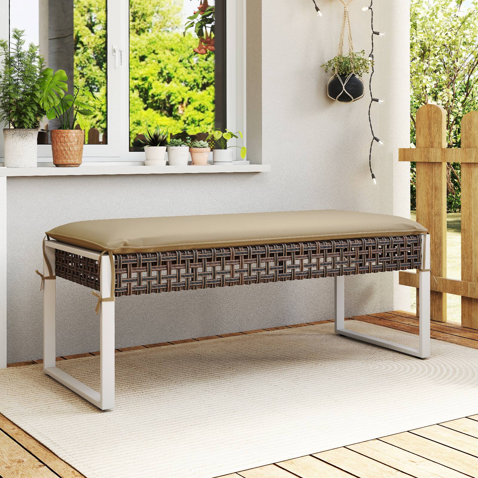 Alt View 1. Costway - Costway Outdoor Ottoman Bench Patio PE Rattan Footrest w/ Soft Cushion & Metal Frame - Brown,Beige.