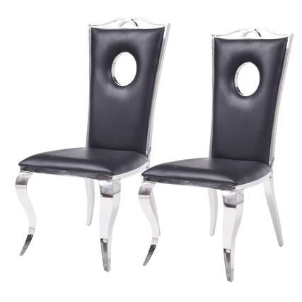 Front. Manhattan Lane - 19 Inch Dining Side Chair, Faux Leather, Set of 2 - Black and Silver.