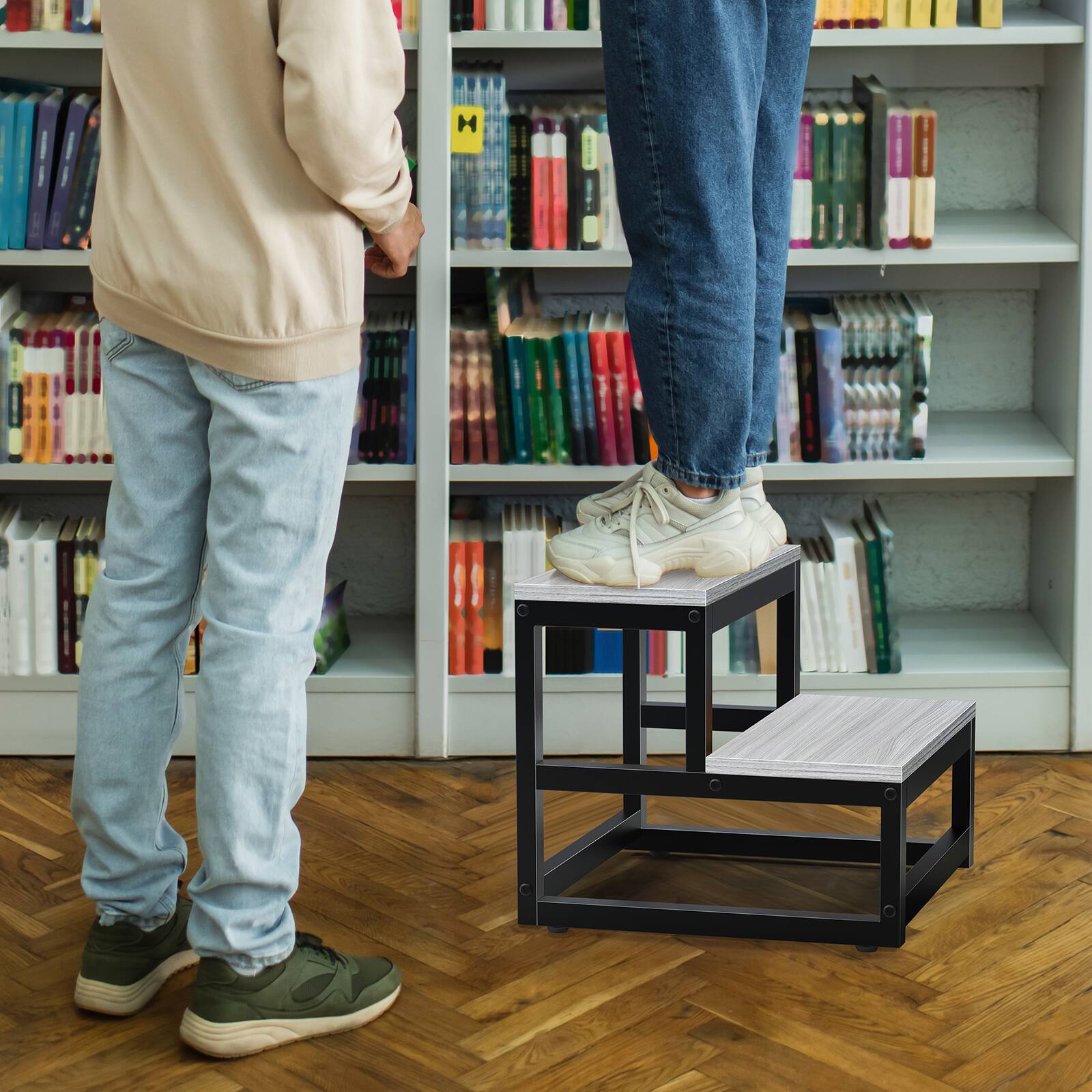 Angle. Oumilen - 2 Tier Wooden Step Stool with Heavy-Duty Metal Frame, Gray Wood Sturdy Step Stool - White.