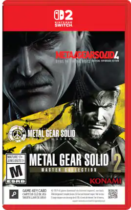 02 NINTENDO SWITCH
METAL GEAR SOLID 4 GUNS OF THE PATRIOTS TACTICAL ESPIONAGE ACTION
TACTICAL ESPIONAGE METAL GEAR SOLID PEACE WALKER
MATURE 17+ JEUNES ADULTES 17+ METAL GEAR SOLID Vol 2 MASTER COLLECTION M ESRB KONAMI
GAME-KEY CARD 45 GB Full game download via internet required. see back. CARTE DE CLE DE JEU Téléchargement complet du jeu (45 Go) via Internet requis. Voir au dos. TARJETA LLAVE DE JUEGO El juego requiere una descarga de 45 GB a través de internet. Ver el reverso. support.nintendo.com/switch2/gamekeycard - M (Mature 17+)