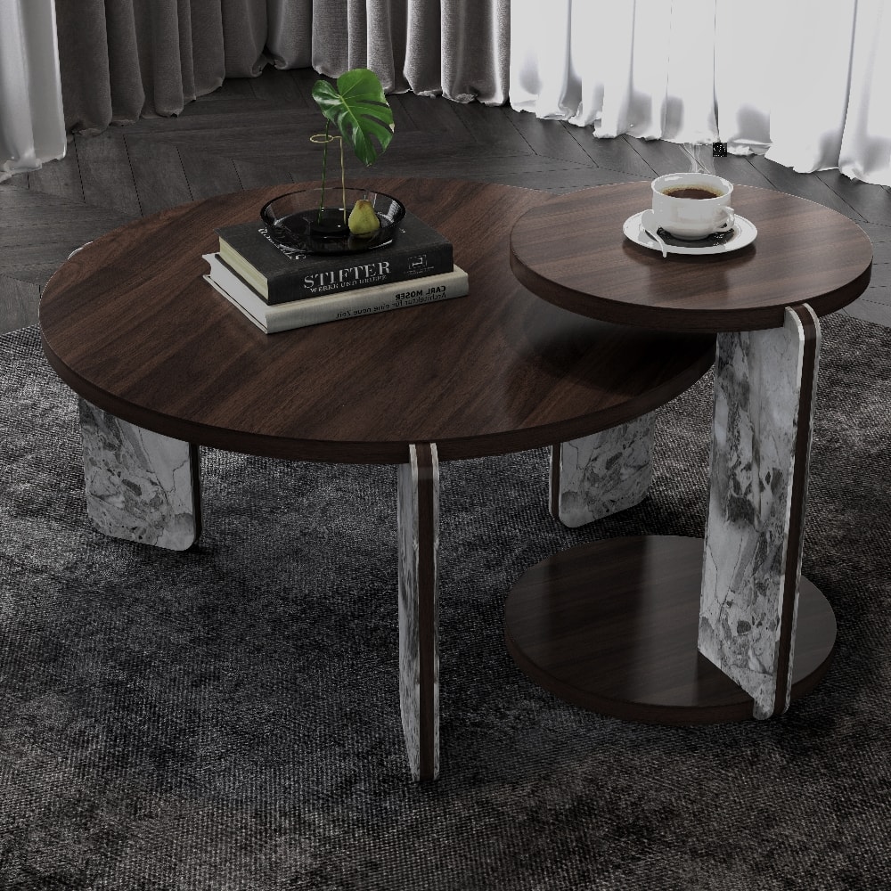 Loheer - Modern Coffee Table Set Veneer Round Center Table with End Table Sintered Stone Legs Living Room - Walnut price history on PriceWatchPro