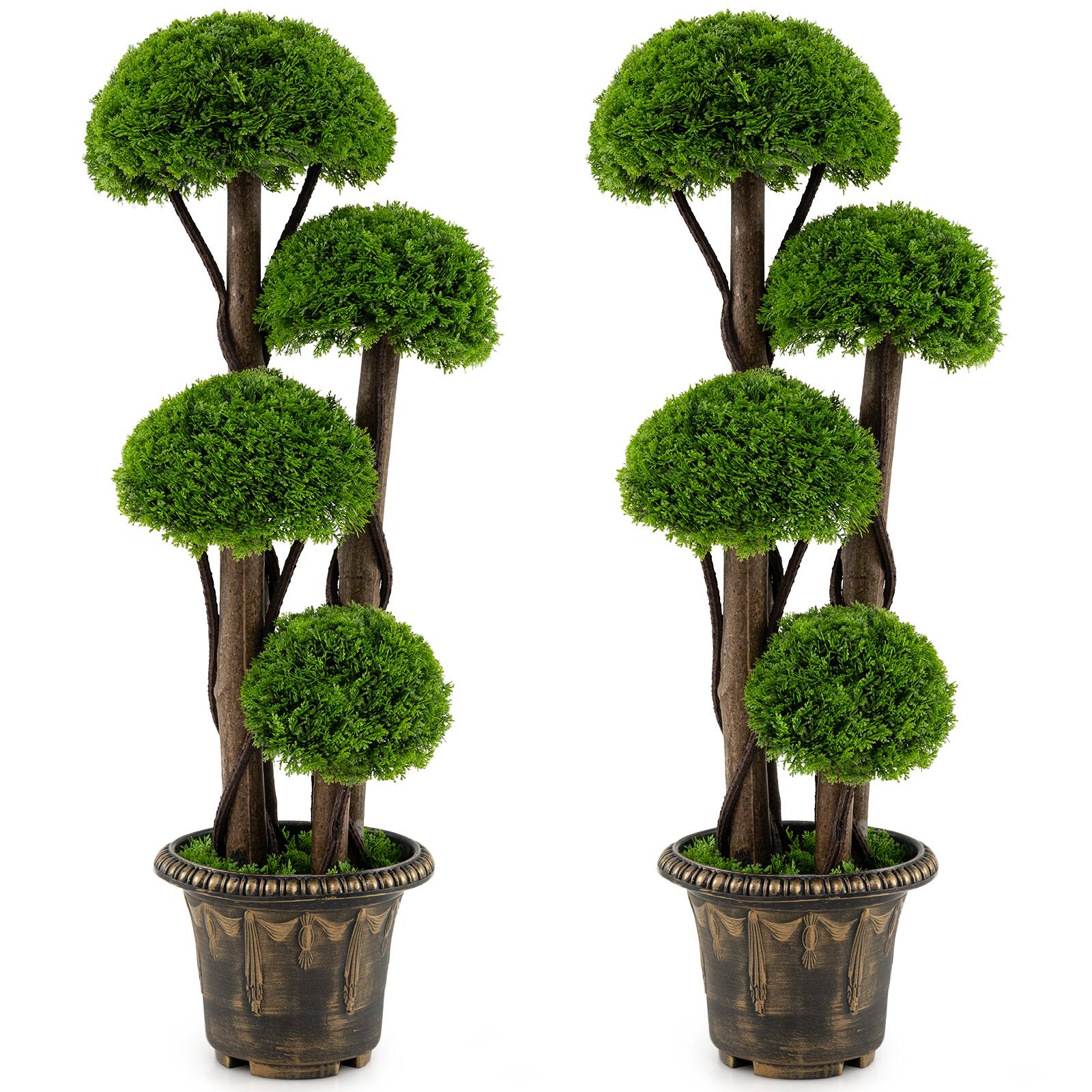 Front. Costway - Costway 2 PCS Artificial Cypress Topiary Ball Tree with Retro Cement-filled Planter, Vines - Green, Rustic Brown.
