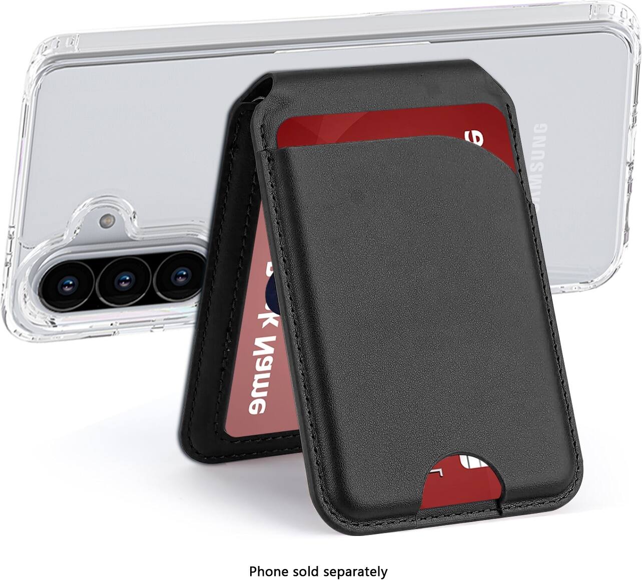 The image features a Samsung phone in a case. The phone is placed in the case, which is designed to protect the device. The case is made of leather and has a pocket for the phone. The phone is not sold with the case, so it is a separate purchase.