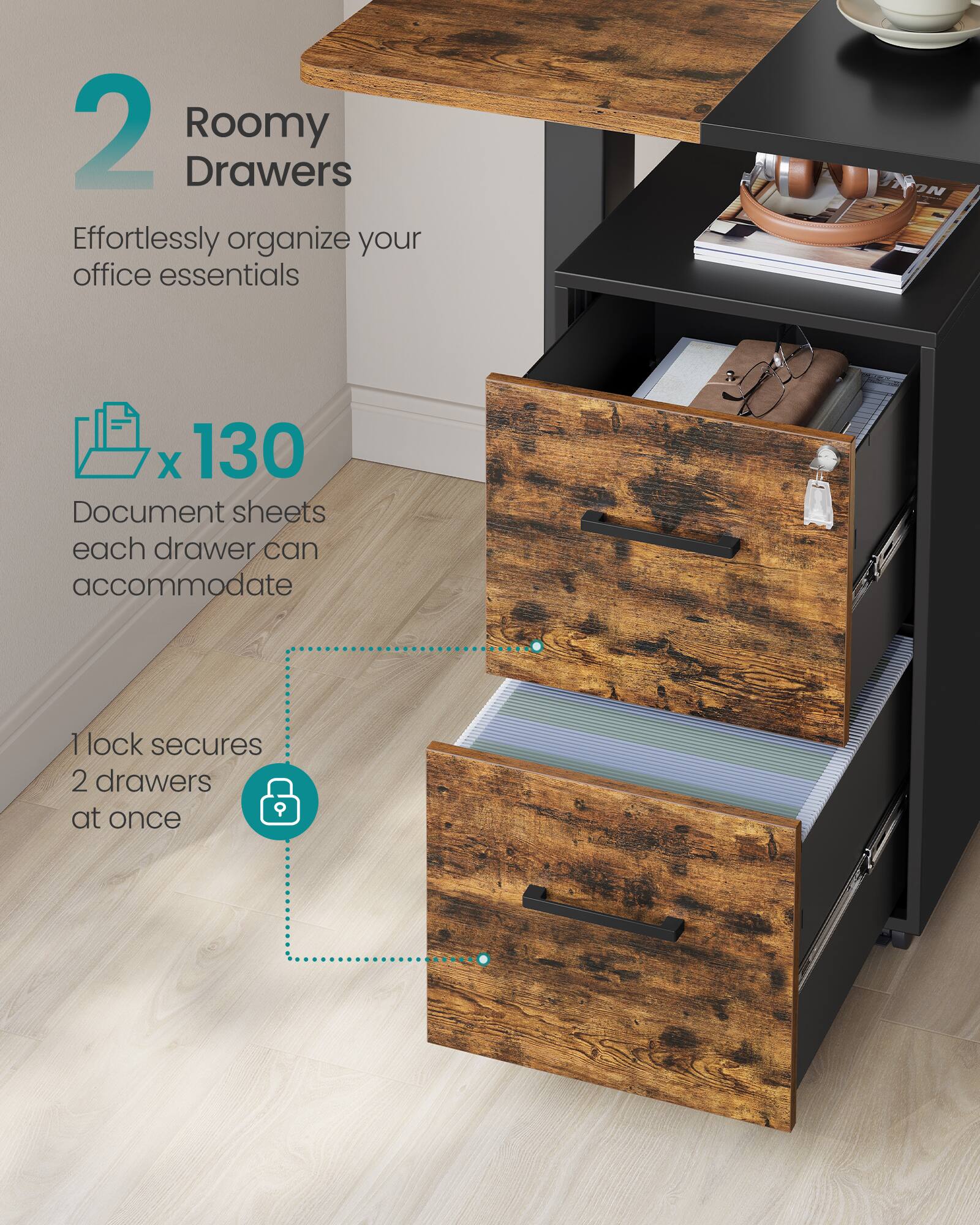 2 Roomy Drawers  
Effortlessly organize your office essentials  

x 130 Document sheets each drawer can accommodate  

1 lock secures 2 drawers at once