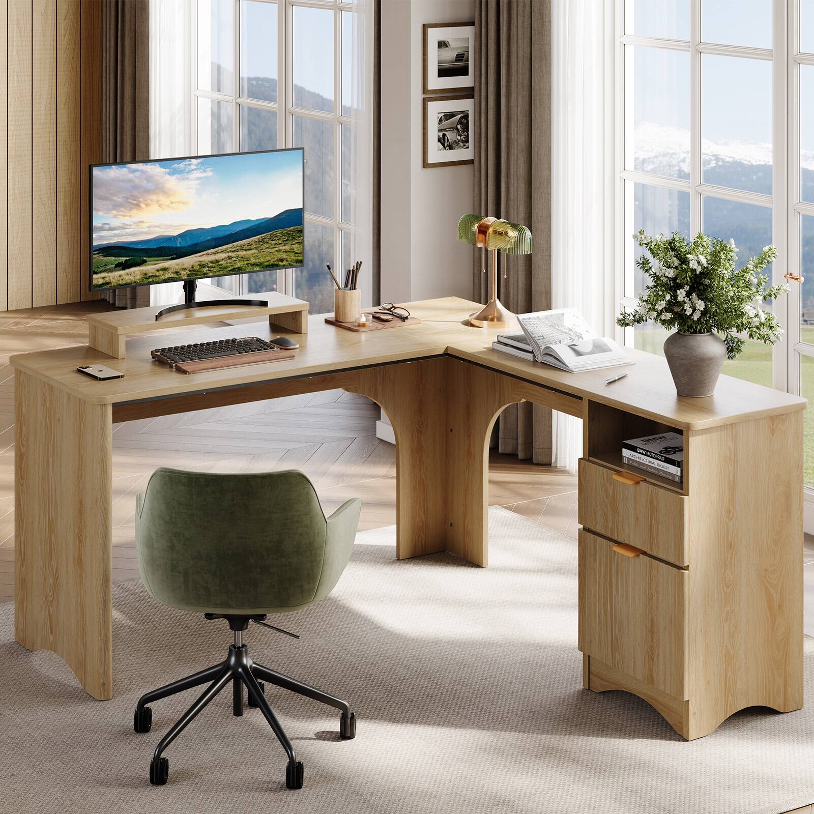 Alt View 2. Bestier - 55inch L-Shaped Computer Desk with File Drawer Monitor Stand and Fluted Panels Office Desk - Natual Oak.