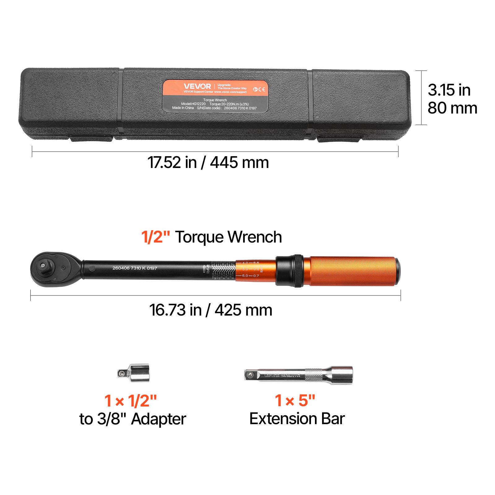 VEVOR 1/2" Torque Wrench

- 17.52 in / 445 mm
- 3.15 in / 80 mm
- 16.73 in / 425 mm

Includes:
- 1 x 1/2" to 3/8" Adapter
- 1 x 5" Extension Bar