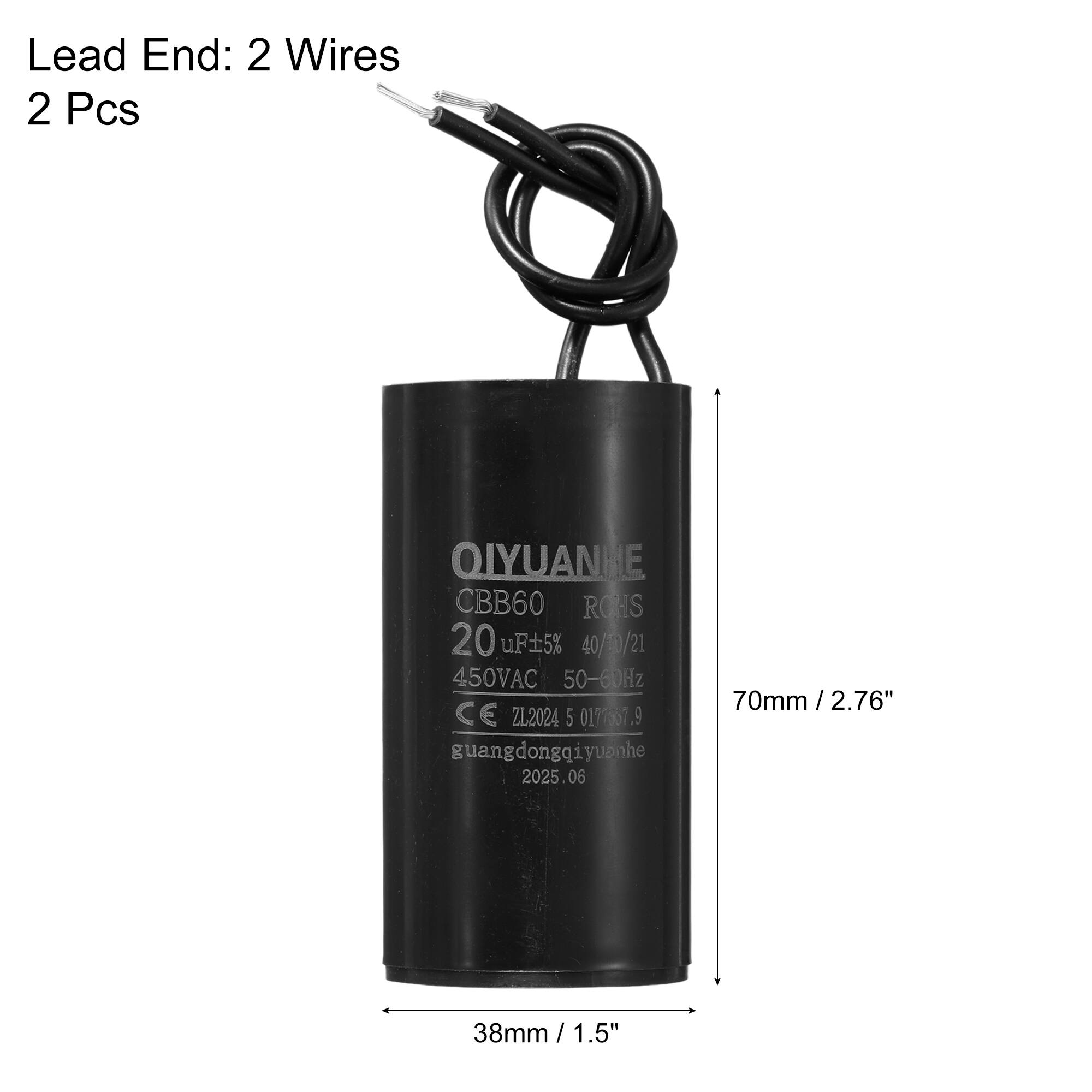 Lead End: 2 Wires  
2 Pcs  

QIYUANHE  
CBB60 ROHS  
20 uF 5% 40/10/21  
450VAC 50-60Hz  
70mm / 2.76"  
CE ZL2024 5 0177537.9  
guangdongqiyuanhe  
2025.06  

38mm / 1.5"