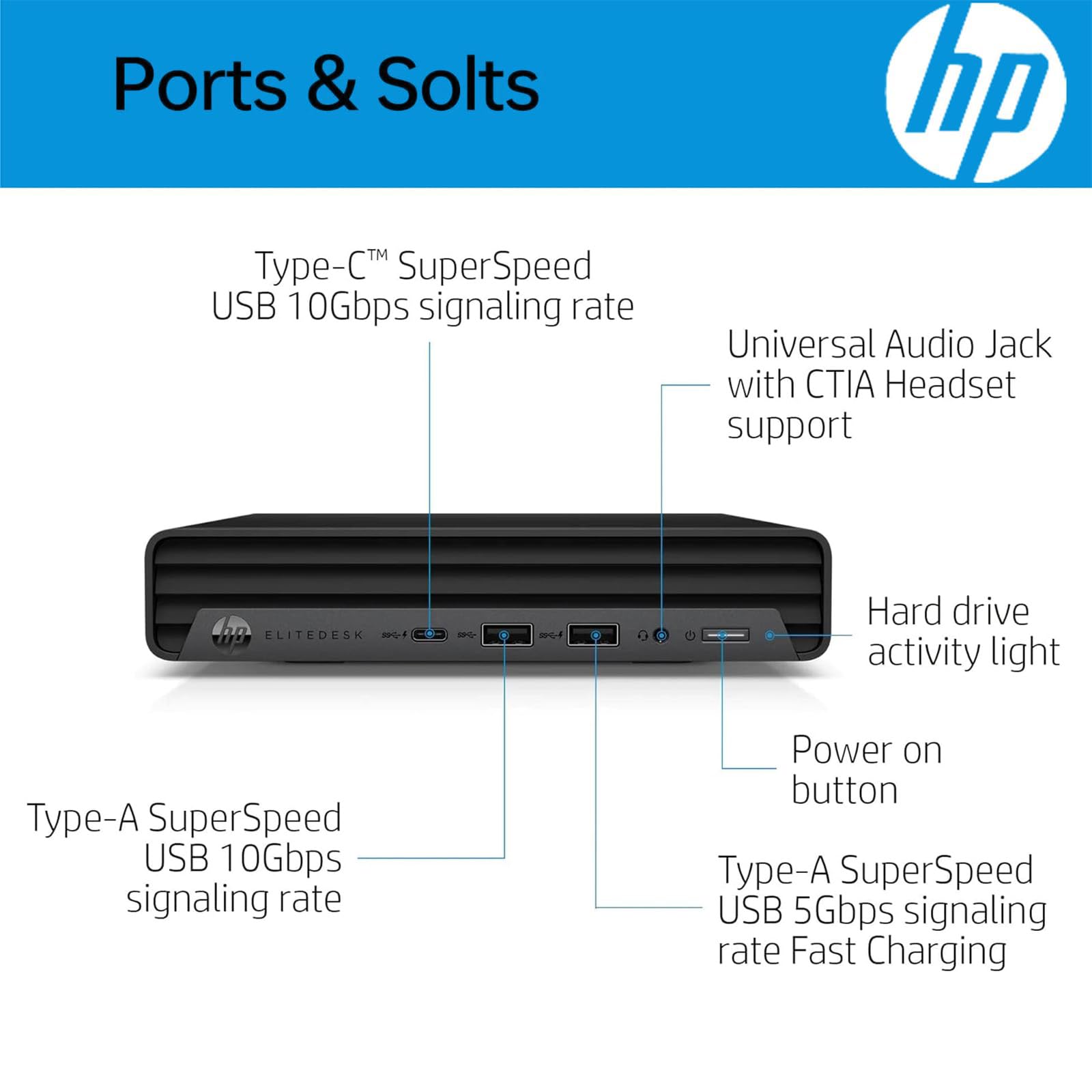 Ports & Slots  
Type-C™ SuperSpeed USB 10Gbps signaling rate  
Universal Audio Jack with CTIA Headset support  
Hard drive activity light  
Type-A SuperSpeed USB 10Gbps signaling rate  
Power on button  
Type-A SuperSpeed USB 5Gbps signaling rate Fast Charging