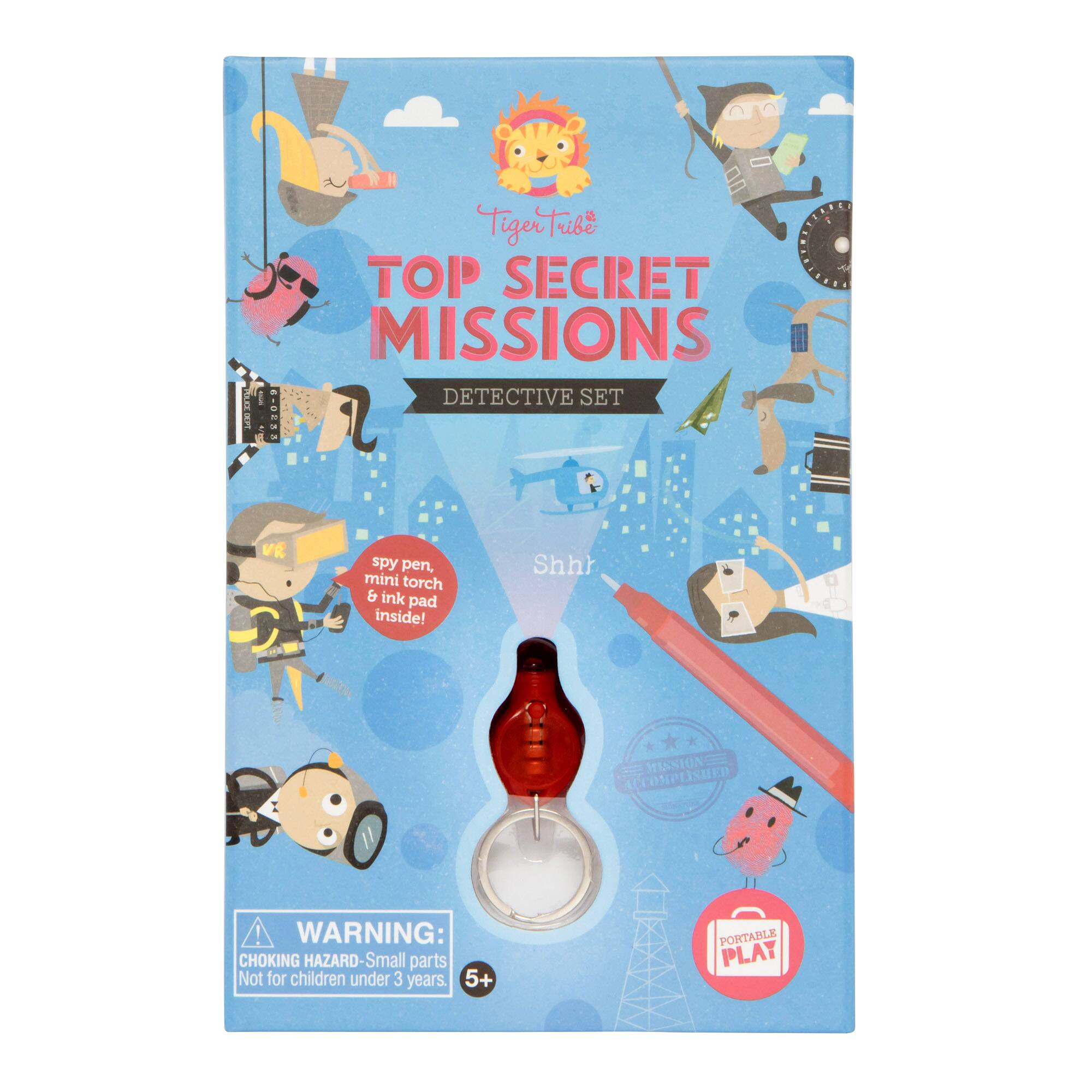 Tiger Tribe  
TOP SECRET MISSIONS  
DETECTIVE SET 6-0833  
spy pen, mini torch & ink pad inside!  
Shhh  
MISSION ACCOMPLISHED  
!  
WARNING: CHOKING HAZARD-Small parts Not for children under 3 years. 5+  
PORTABLE PLAY