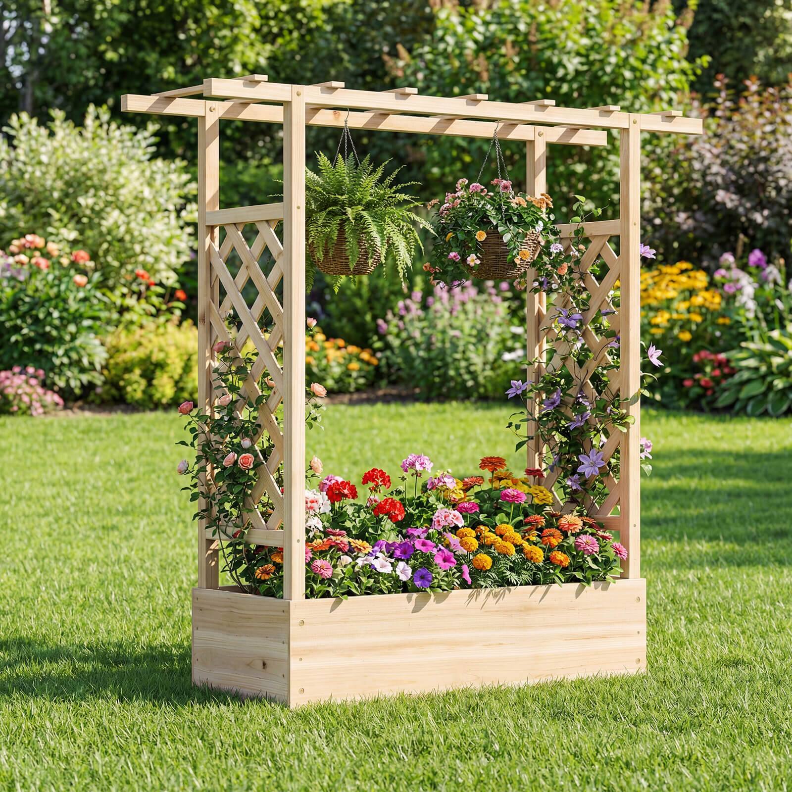 Alt View 1. Costway - Costway 1 PCS Wooden Raised Garden Bed with Trellis & Hanging Roof, Drainage Holes for Plants - Natural.