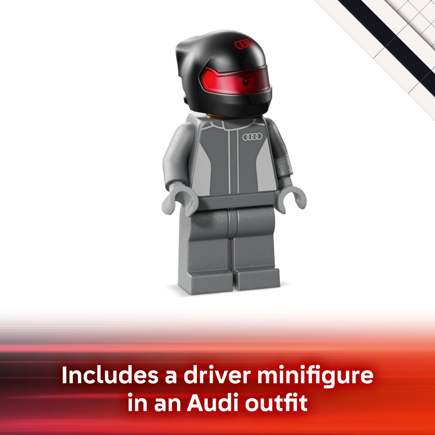 Includes a driver minifigure in an Audi outfit