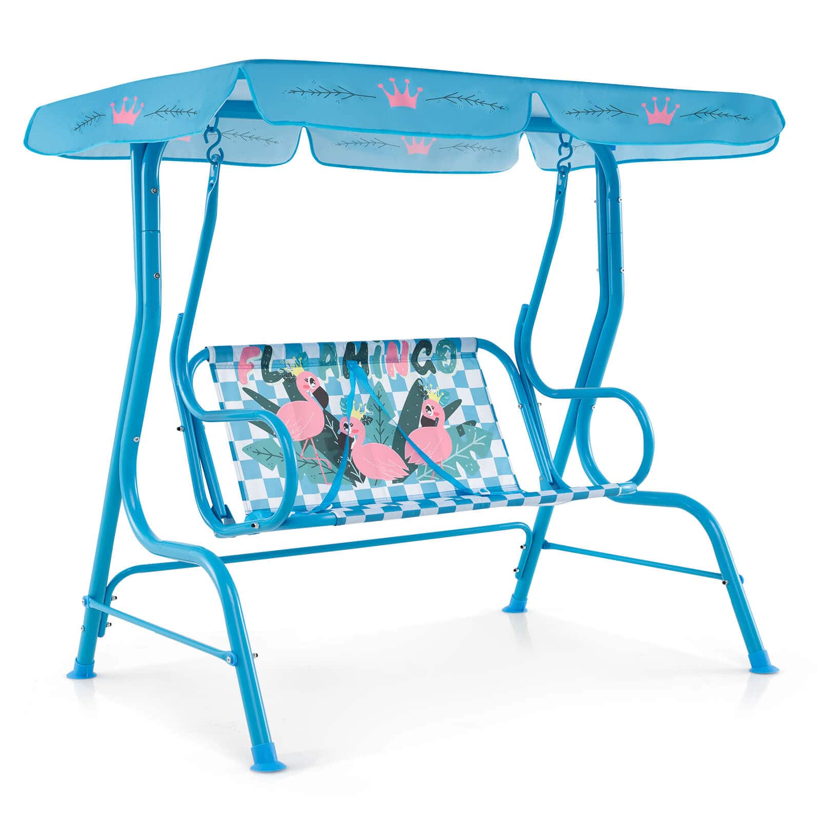 Costway - 2-Seater Toddler Porch Swing Chair with Metal Stand Adjustable Canopy Safety Belts - Navy