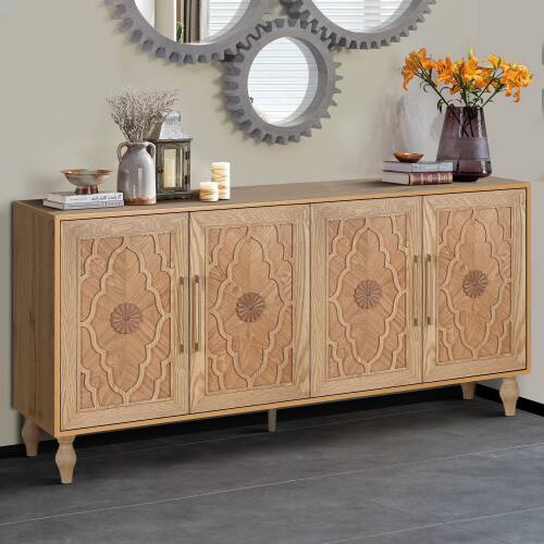 Left. LUCKY ONE - Freestanding Large Storage Cabinet with Carved Flower Door Metal Handle for Living Room Kitchen Entryway - Natural Wood.