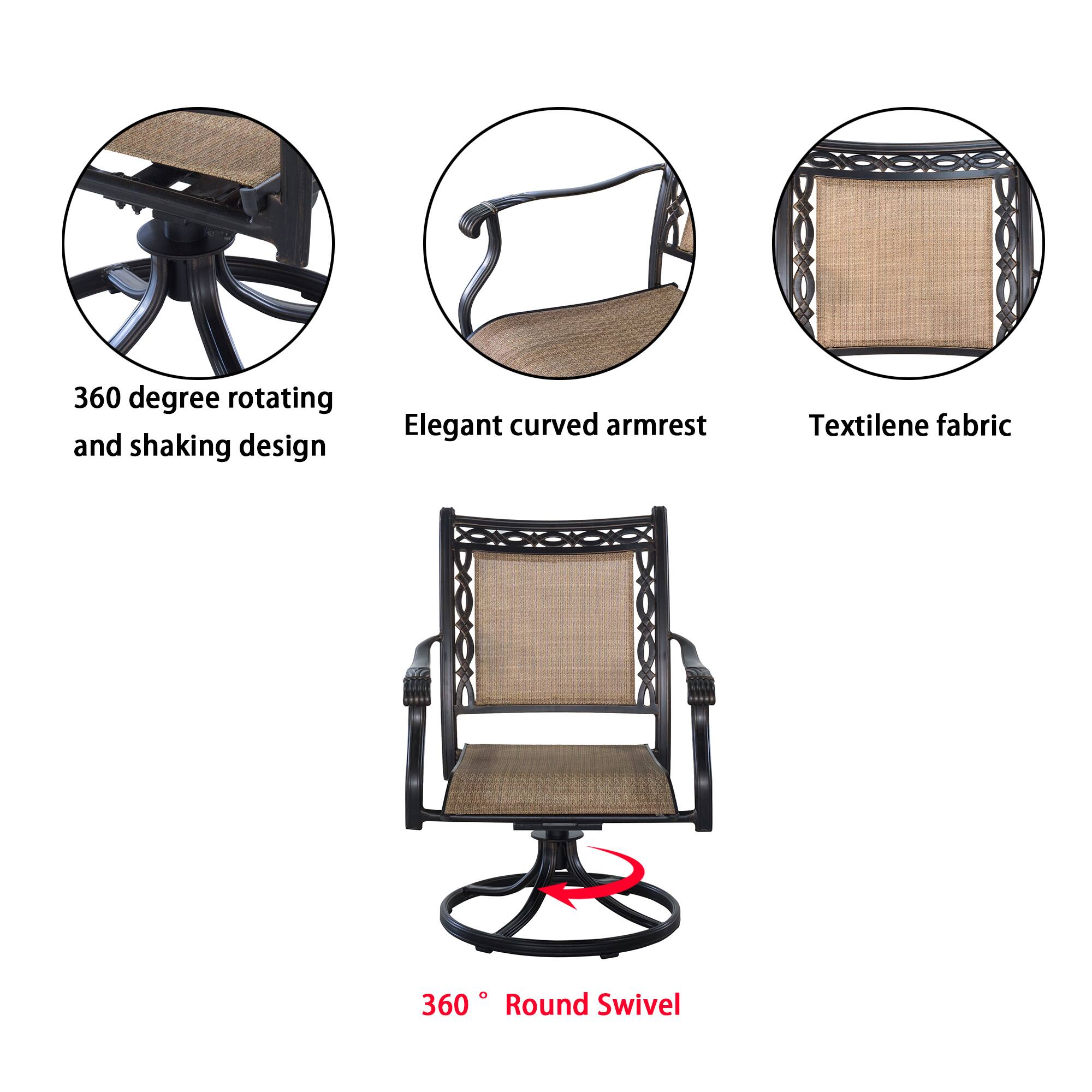 360 degree rotating and shaking design  
Elegant curved armrest  
Textilene fabric  
360° Round Swivel