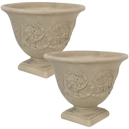 Front. Sunnydaze - 13 in Darcy Dual-Wall Polyresin Planter - Set of 2 - Beige.
