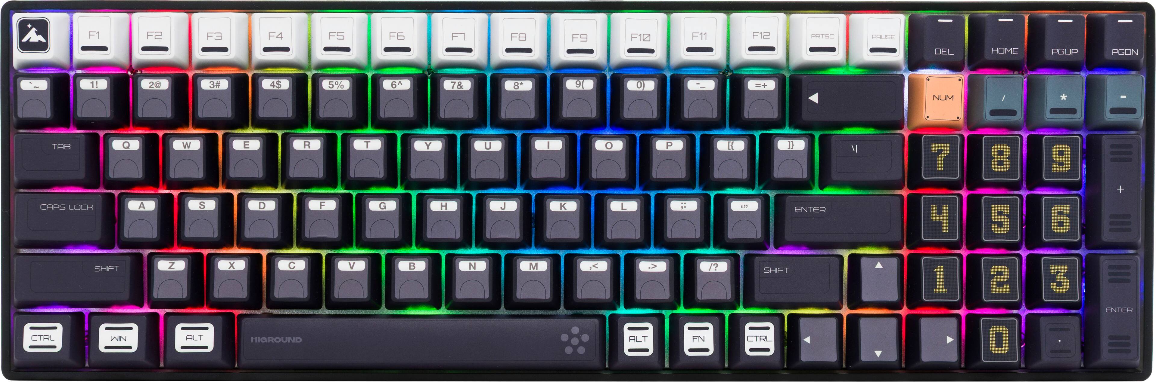 F1 F2 F3 F4 F5 F6 F7 F8 F9 F10 F11 F12 PRTSC HLLNE DEL HOME PGUP PGDN

1! 2@ 3# 4$ 5% 6^ 7& 8* 9( 0) -_ =+ NUM 7 8 9 + ENTER

TAB Q W E R T Y U I O P [ ] \ ENTER

CAPS LOCK A S D F G H J K L ; ' ENTER

SHIFT Z X C V B N M , . / SHIFT

CTRL WIN ALT HIGHROUND

CTRL FN ALT /? FN CTRL 1 2 3 ENTER