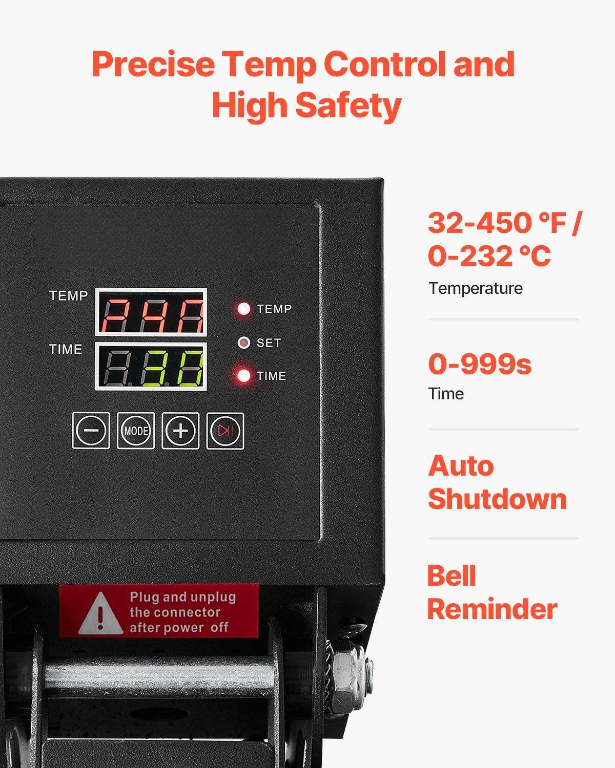 Precise Temp Control and High Safety

TEMP 29E TIME 8AR

TEMP SET TIME 32-450 F / 0-232 C

Temperature 0-999s Time

MODE + DII Auto Shutdown

Plug and unplug the connector after power off

Bell Reminder