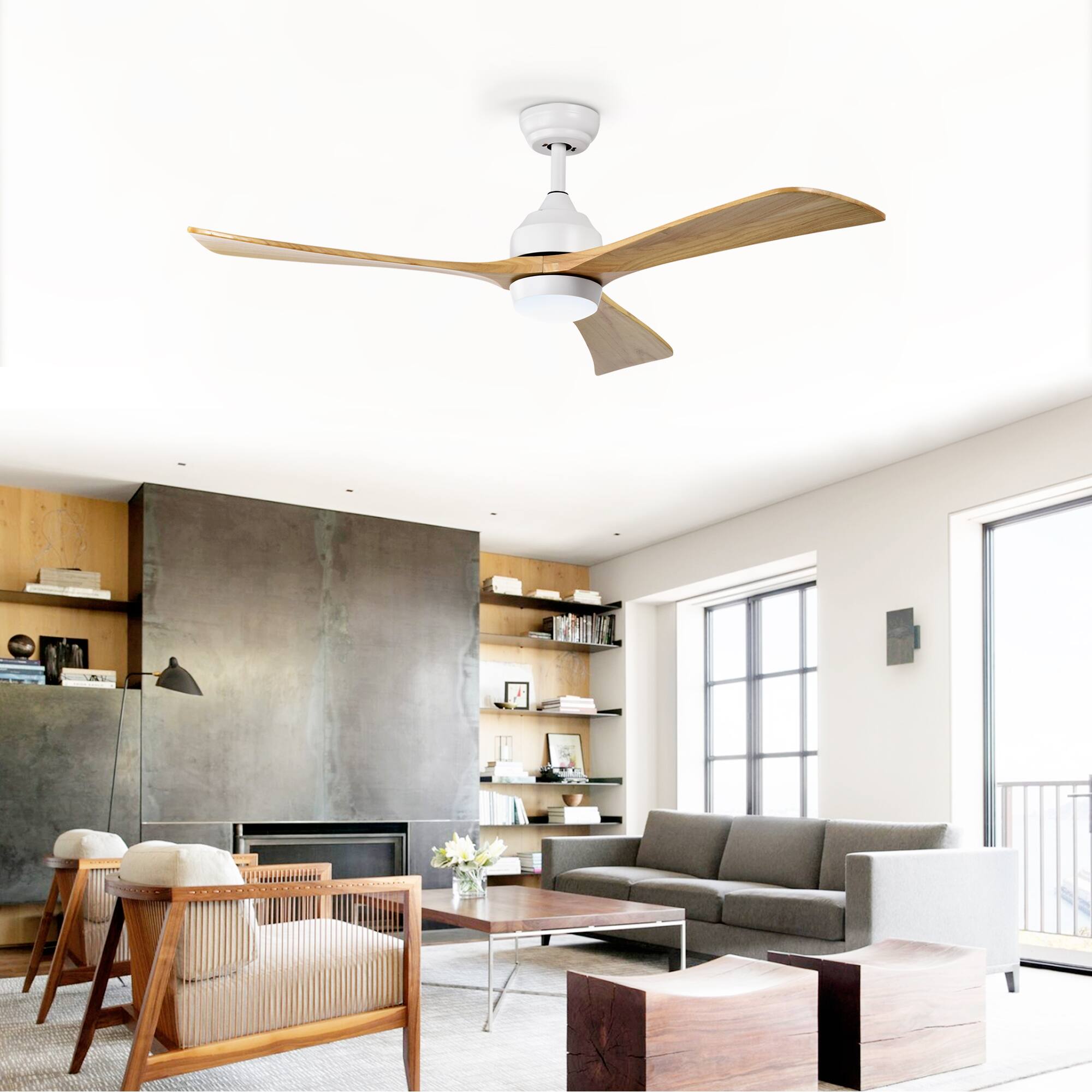 Left. Loheer - Loheer 52 Inch Ceiling Fan with Light, Solid Wood 3 Blade Ceiling Fan, Quiet DC Motor Reversible Remote Control, White.