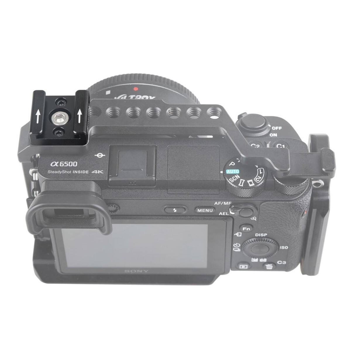 TOAV OFF ON C2 C1  
α6500 SteadyShot INSIDE 4K  
P AUTO 1 SCN I 2 5 AF/MF MENU AEL & Fn DISP ISO  
Ca SONY