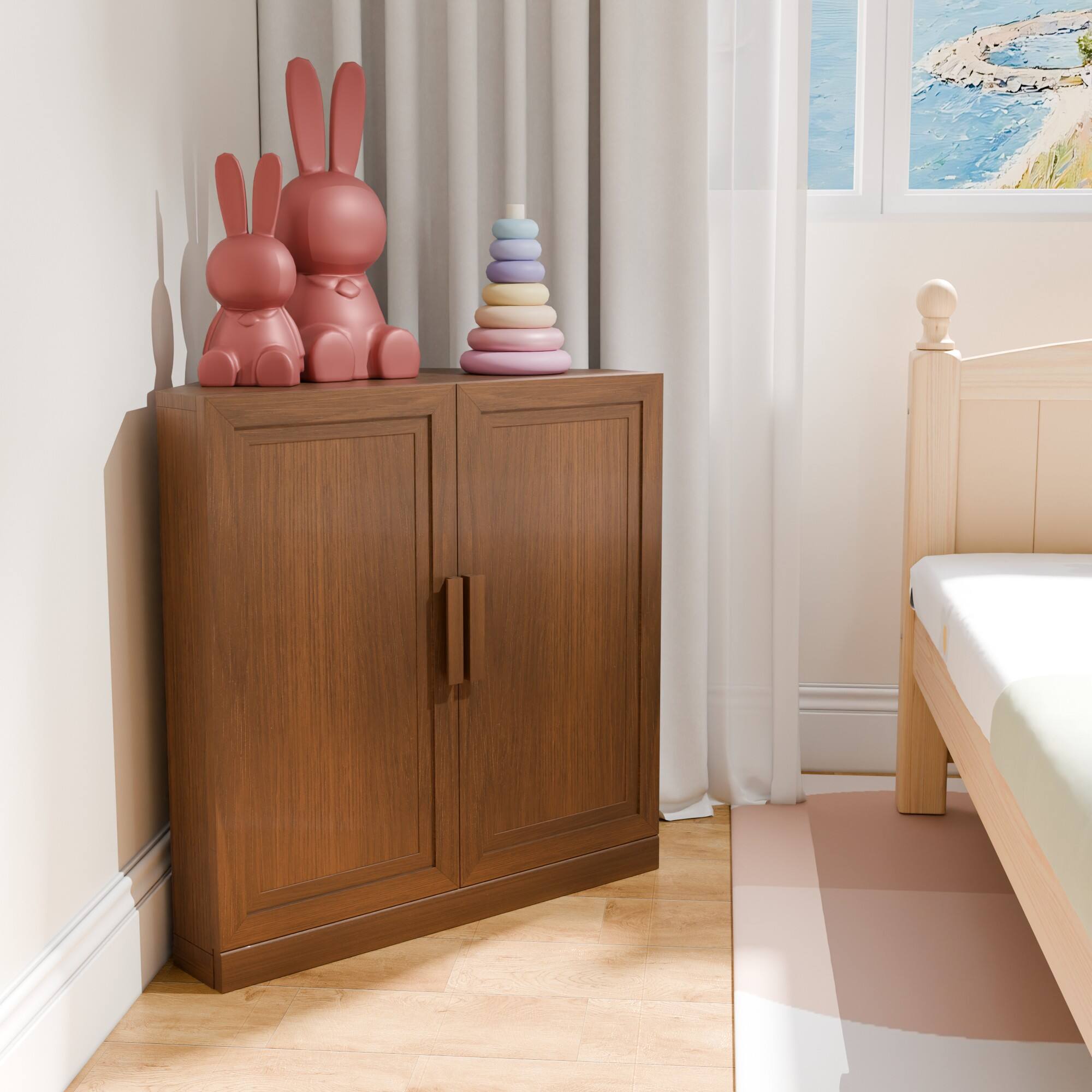 Alt View 1. PexFix - 31" Farmhouse Corner Accent Storage Cabinet with Solid Wood Doors and Adjustable Shelves for Space-Saving - Walnut.