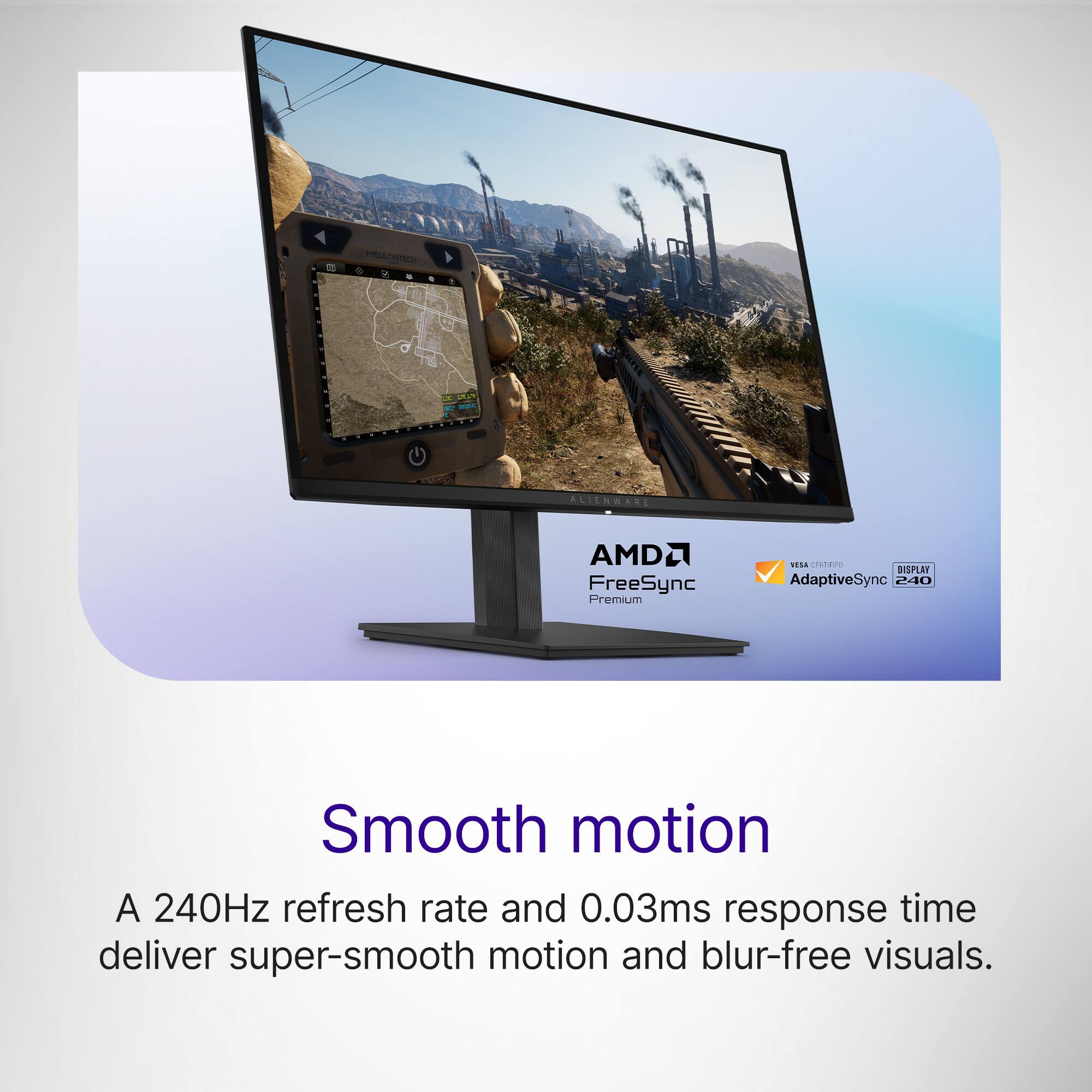 ETE ALIENWARE AMD FreeSync Premium ad. A 240Hz refresh rate and 0.03ms response time deliver super-smooth motion and blur-free visuals.