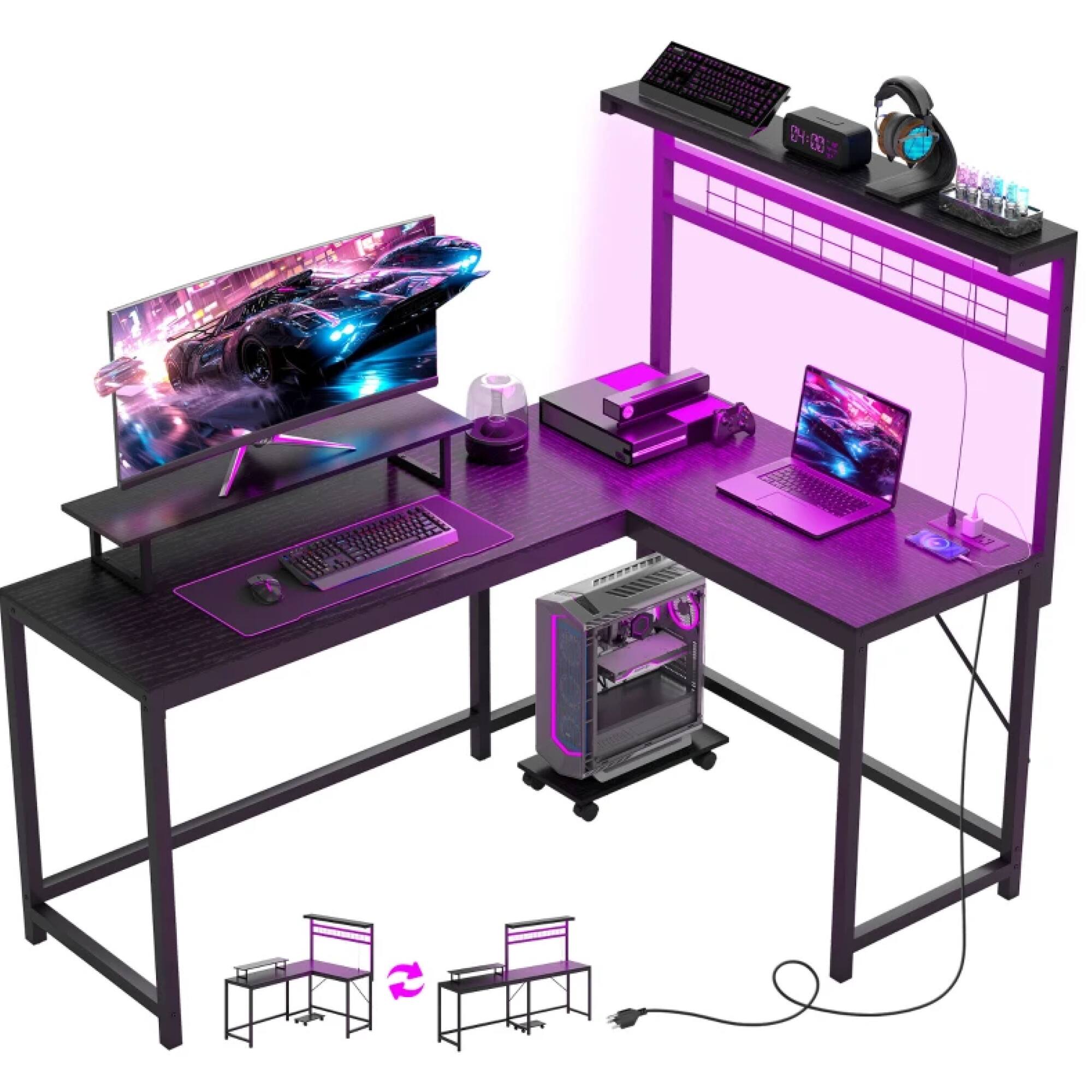 Angle. GOODSILO - L-Shaped Computer Desk with Integrated Power Outlets, RGB LED Lighting, and Adjustable Monitor Stand - Black.