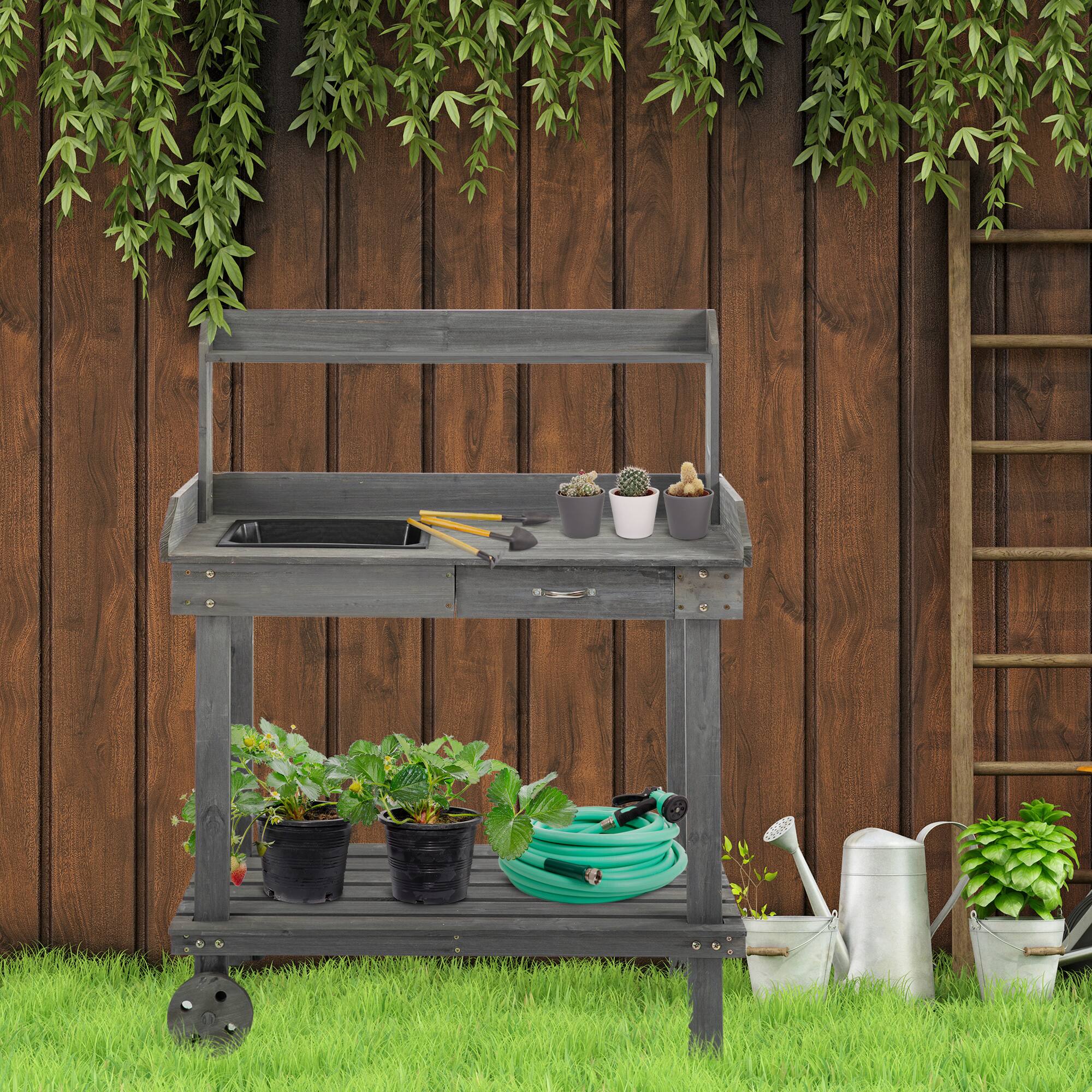 Alt View 1. Outsunny - 36" Wooden Potting Bench Work Table with 2 Removable Wheels, Garden Workstation with Removable Sink - Gray.