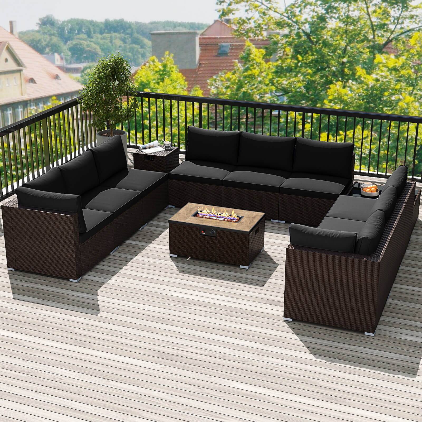 Alt View 1. Costway - Costway 12 PCS Patio Wicker Sectional Sofa Set with 32" Propane Fire Pit Table Tank Holder - Black.