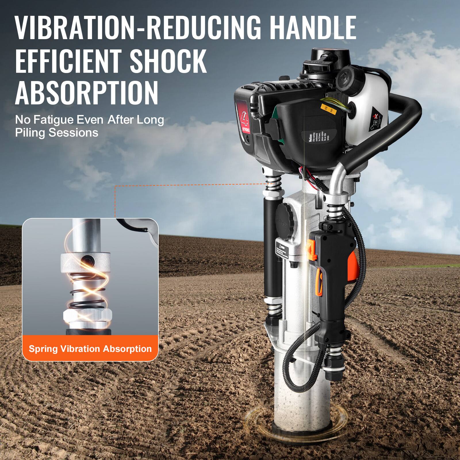 VIBRATION-REDUCING HANDLE  
EFFICIENT SHOCK ABSORPTION  
No Fatigue Even After Long Piling Sessions  

Spring Vibration Absorption