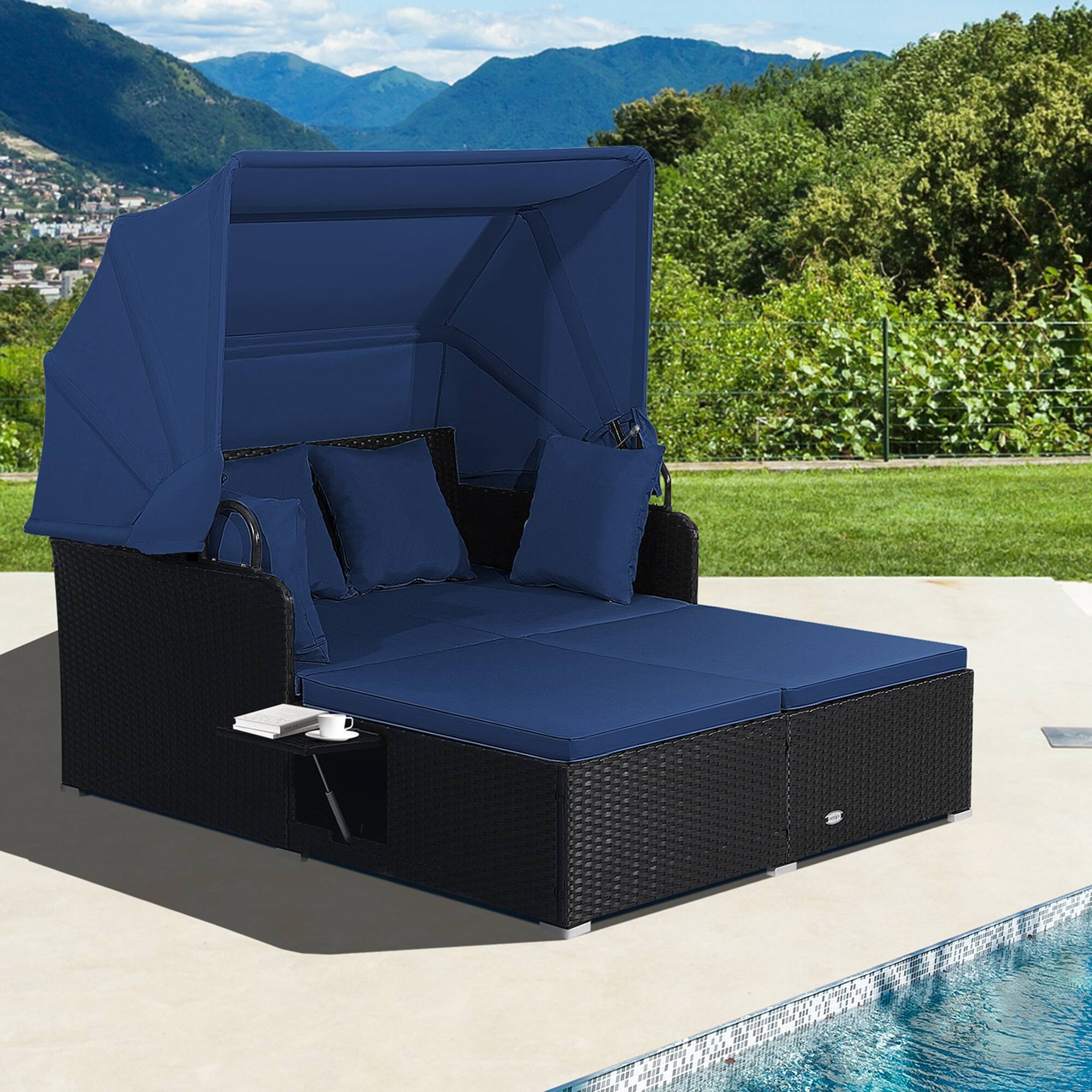 Alt View 1. Costway - Patio Rattan Daybed Lounge Retractable Top Canopy Side Tables Cushions - Navy.