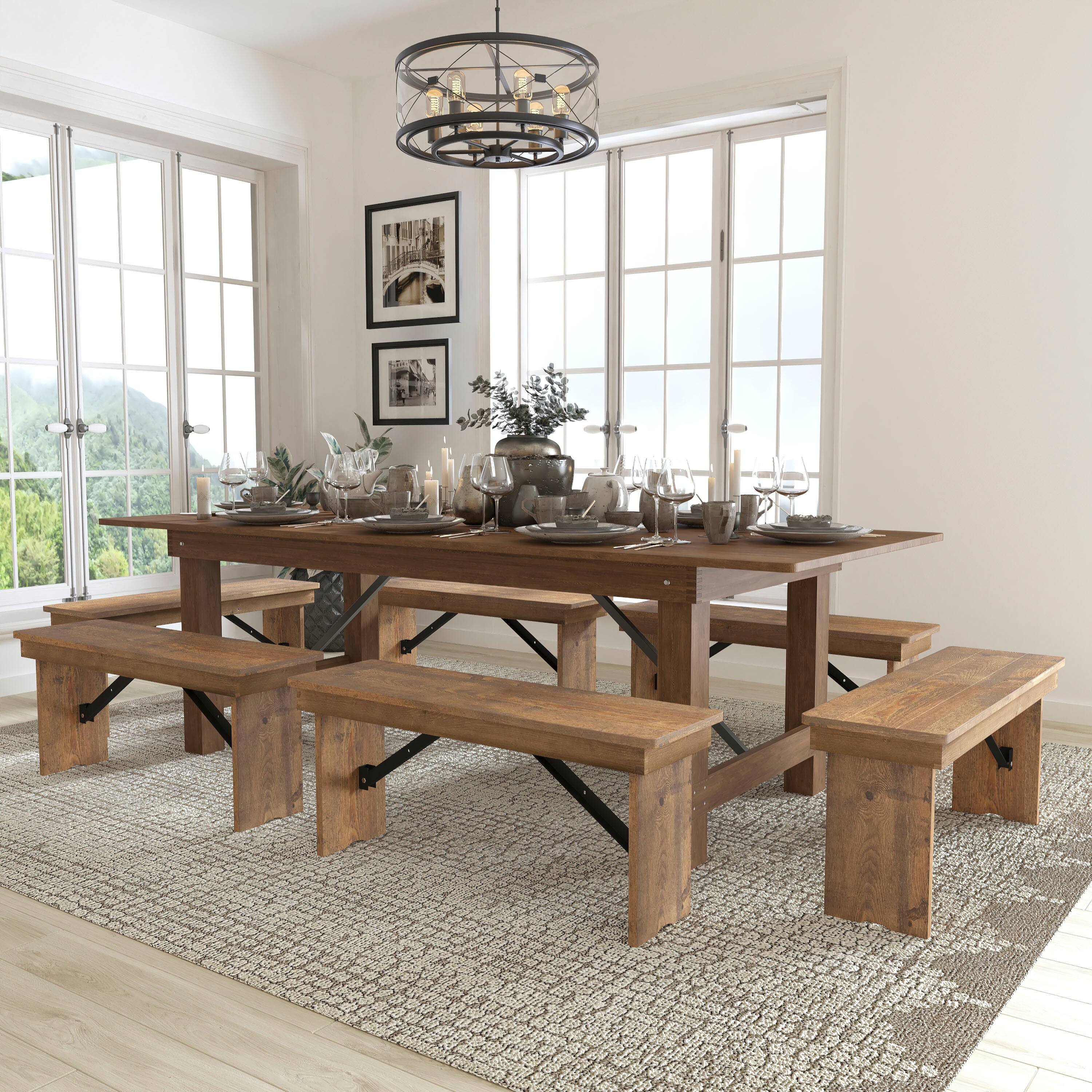 Angle. Flash Furniture - HERCULES Series 8' x 40'' Antique Rustic Folding Farm Table and Six Bench Set - Brown.