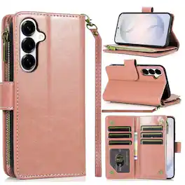 Kitcheniva - Luxury Phone Wallet Case With Zipper Holder And Tempered Glass For Samsung S26 FE - Rose Gold