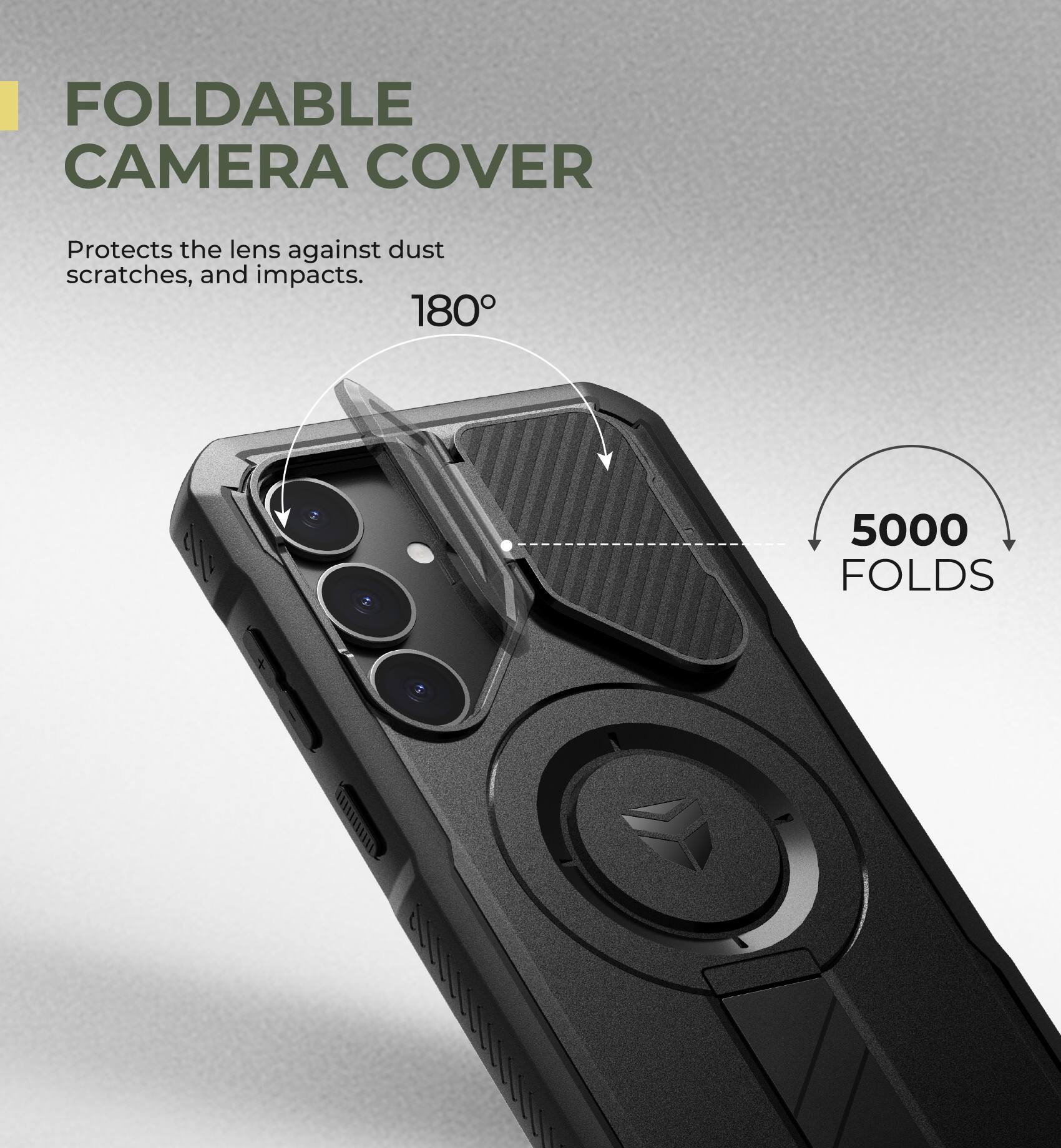 FOLDABLE CAMERA COVER Protects the lens against dust scratches, and impacts. 180° 5000 FOLDS
