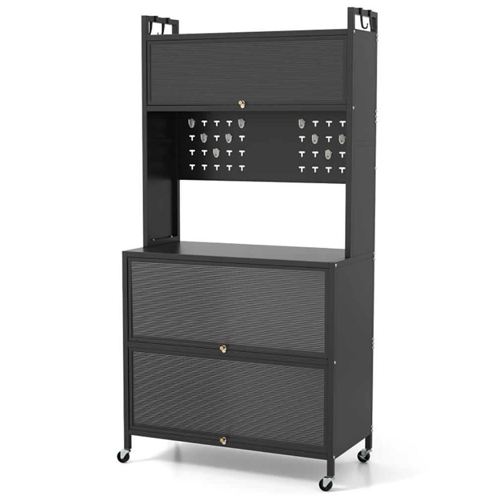 Angle. Kadyn - Sideboard Buffet Cabinet,Kitchen Storage Cabinet,5 Tier Kitchen Bakers Rack with Lights Multifunctional Microwave Stand - Black.