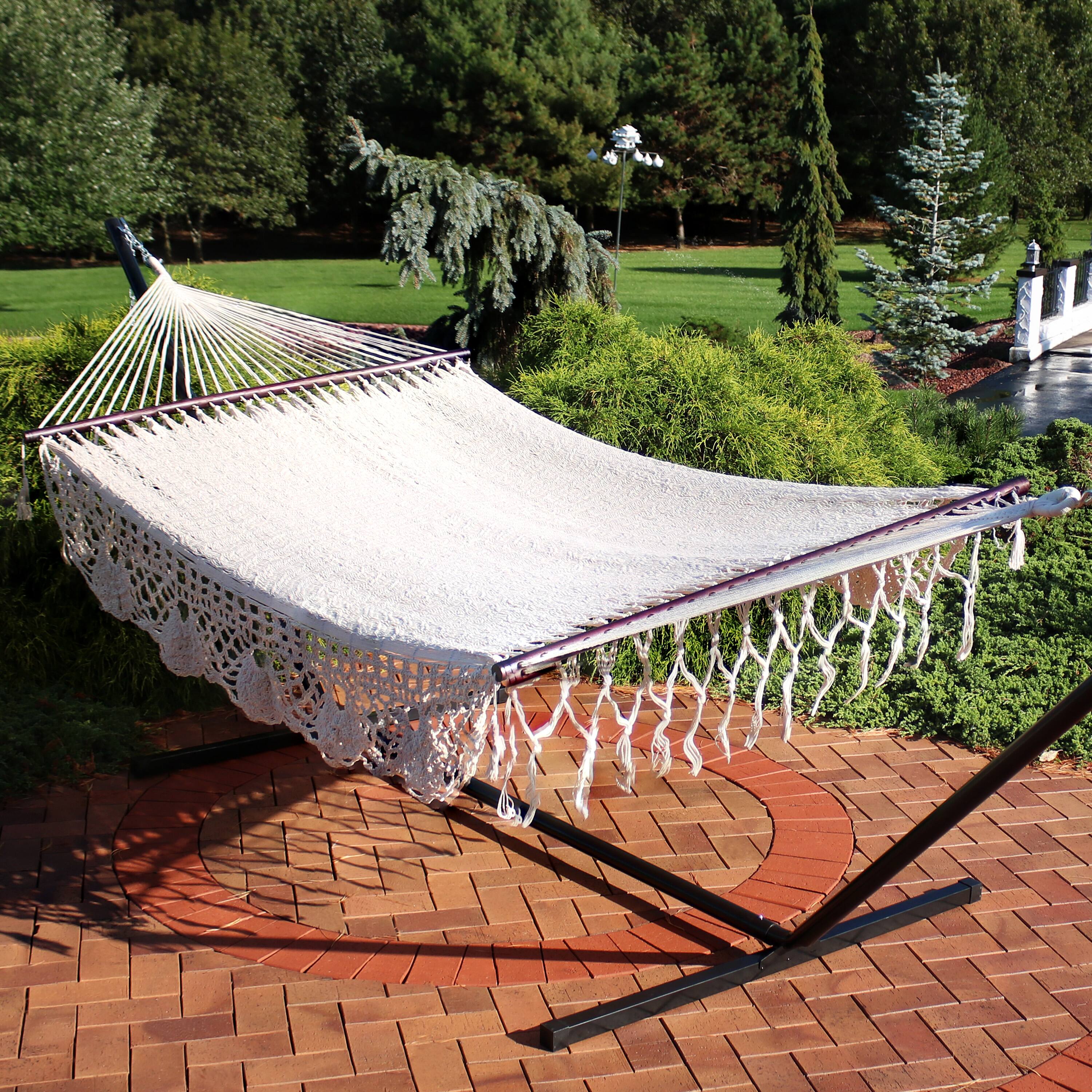 Alt View 1. Sunnydaze - 2-Person Woven Rope Hammock with Spreader Bars and Fringe - Natural.