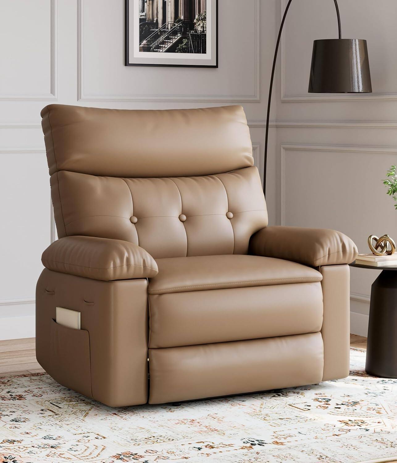 Front. Babevy - 37.4" Wide Oversized Recliner Chair, PU Leather Manual Recliner with 1.5X Sponge Filling - Khaki.