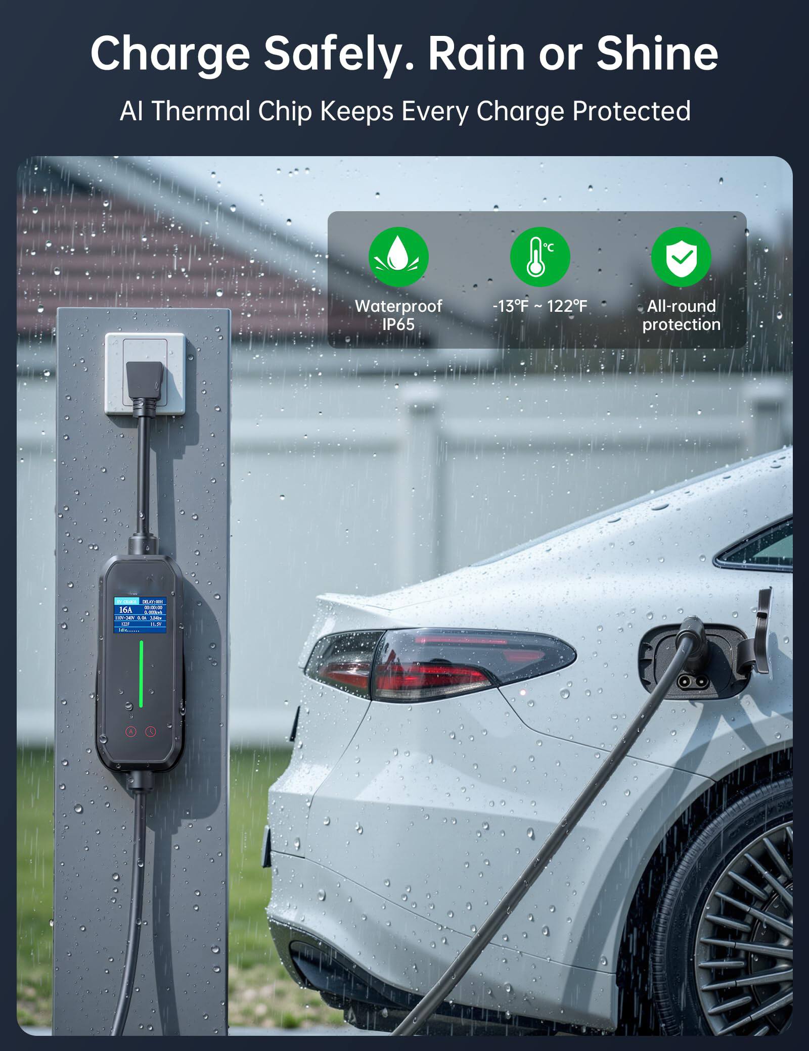 Charge Safely. Rain or Shine  
AI Thermal Chip Keeps Every Charge Protected  

- Waterproof IP65  
- -13°F ~ 122°F  
- All-round protection