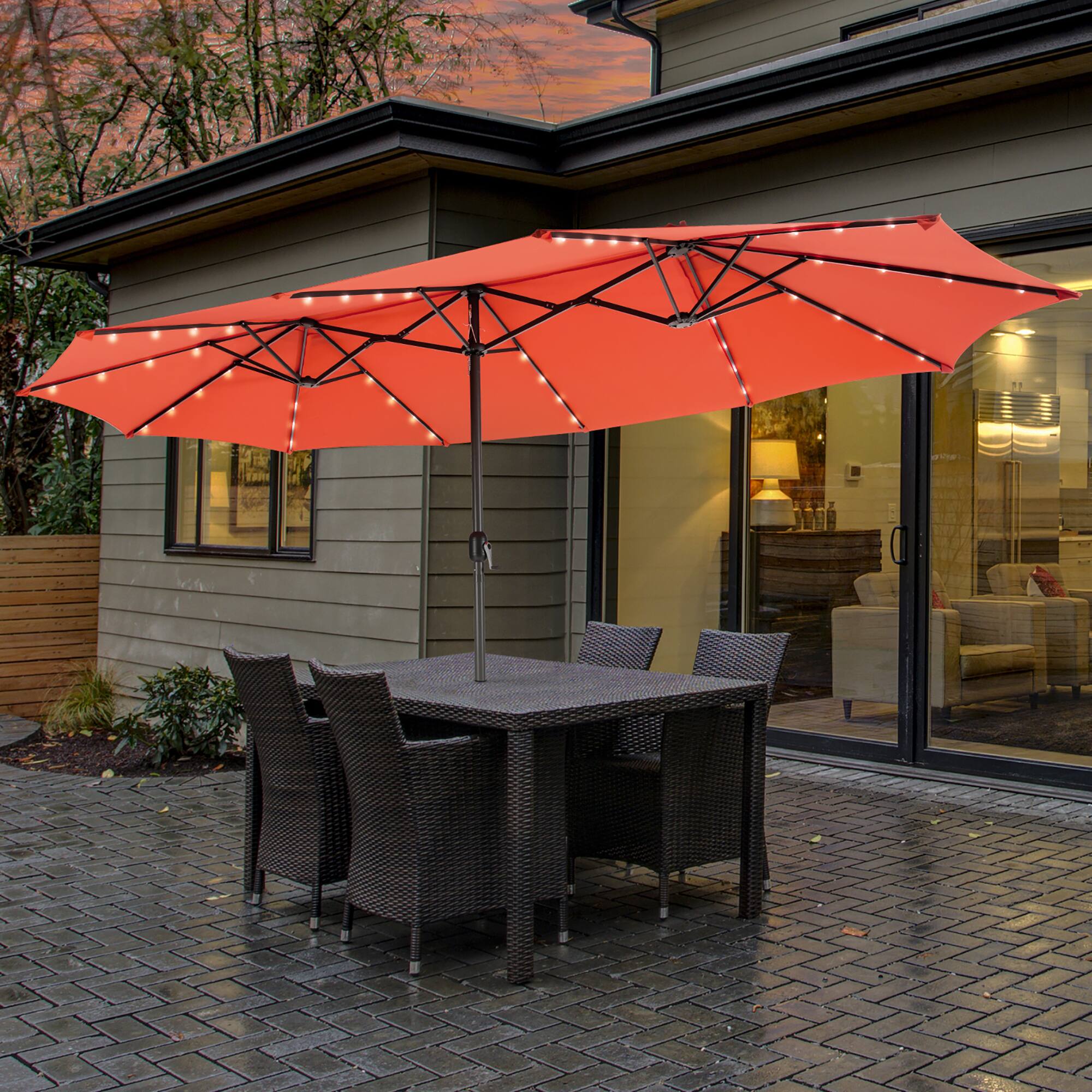 Alt View 1. Costway - 15FT Twin Patio Double-Sided Umbrella 48 Solar LED Lights Crank Outdoor - Orange.