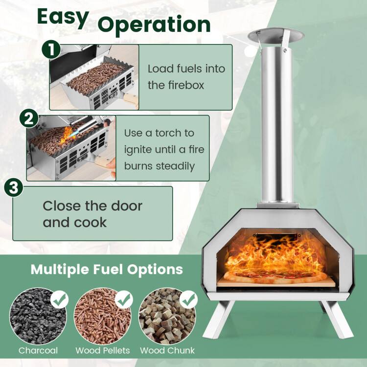 Easy Operation

1. Load fuels into the firebox
2. Use a torch to ignite until a fire burns steadily
3. Close the door and cook

Multiple Fuel Options
- Charcoal
- Wood Pellets
- Wood Chunk