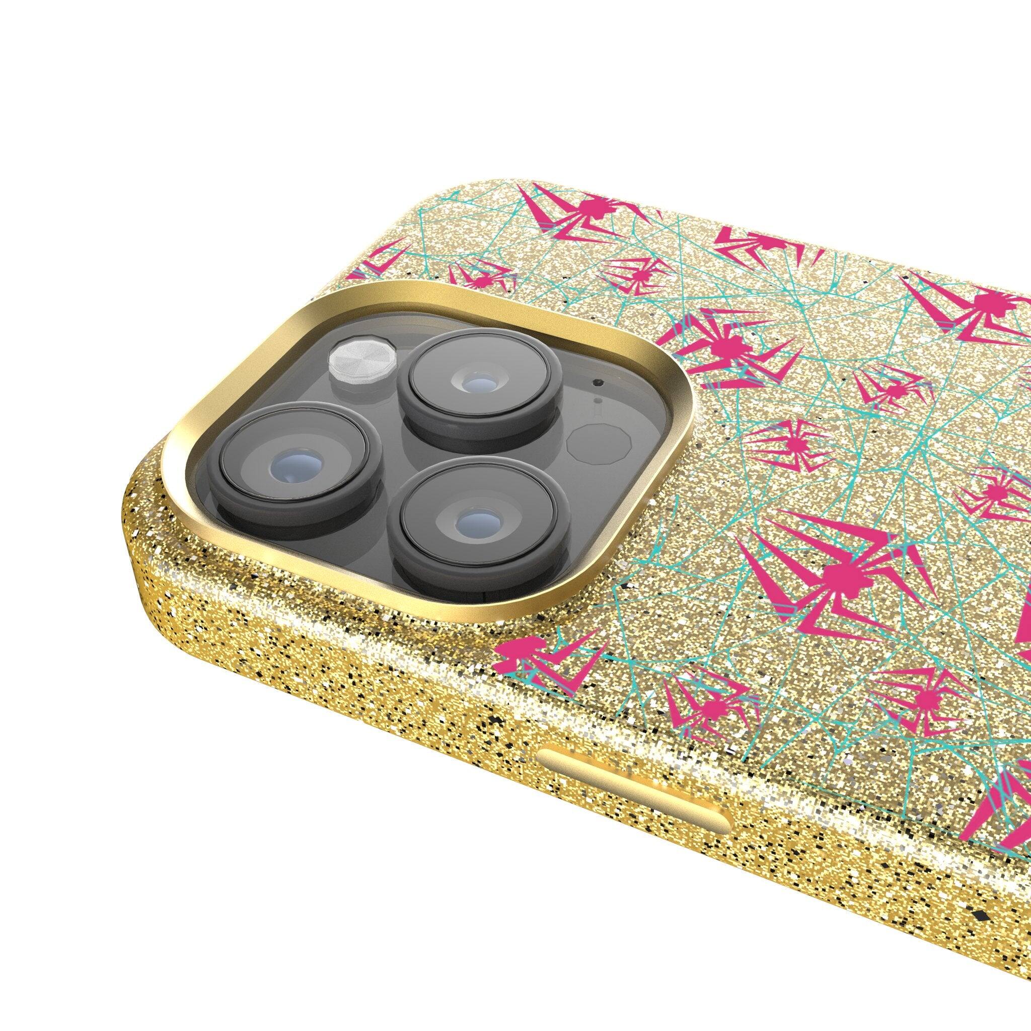 Back. Keyscaper - Marvel Pattern Gold Bling Phone Case - Apple iPhone 16 Plus - Spider-Gwen.