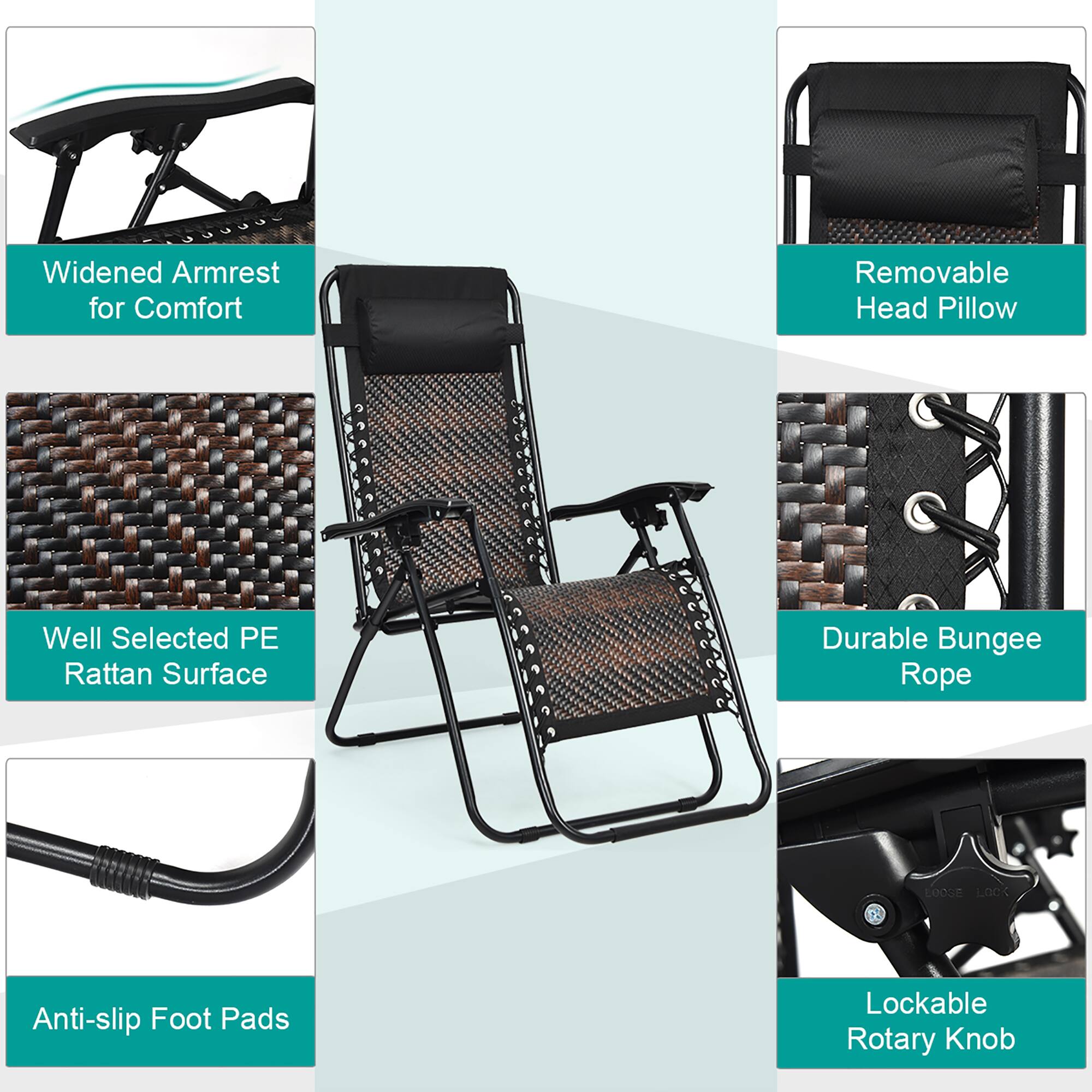 Widened Armrest for Comfort, Removable Head Pillow, Well Selected PE Rattan Surface, Durable Bungee Rope, Anti-slip Foot Pads, Lockable Rotary Knob