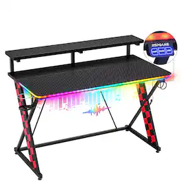 RSPGAME - Basic 43" Music Sync LED Gaming Desk w/ Dynamic Color-Changing & Racing Gear Style,Ergonomic Monitor Stand Computer Desk - Black & Red