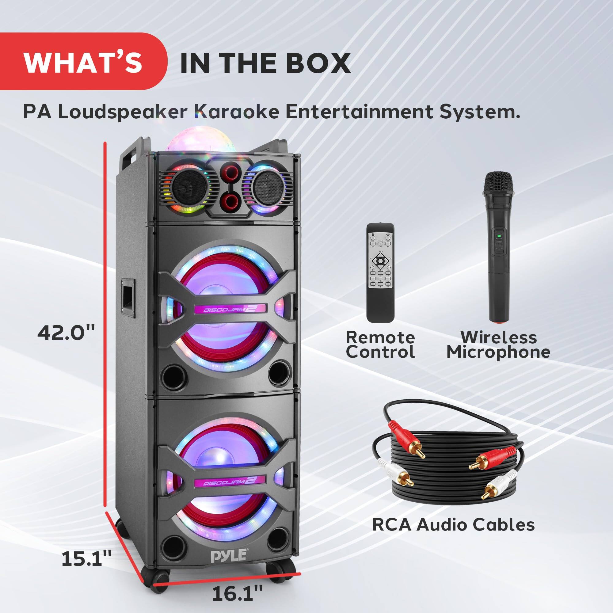 WHAT'S IN THE BOX  
PA Loudspeaker Karaoke Entertainment System.  
42.0"  
Remote Control  
Wireless Microphone  
RCA Audio Cables  
15.1"  
16.1"