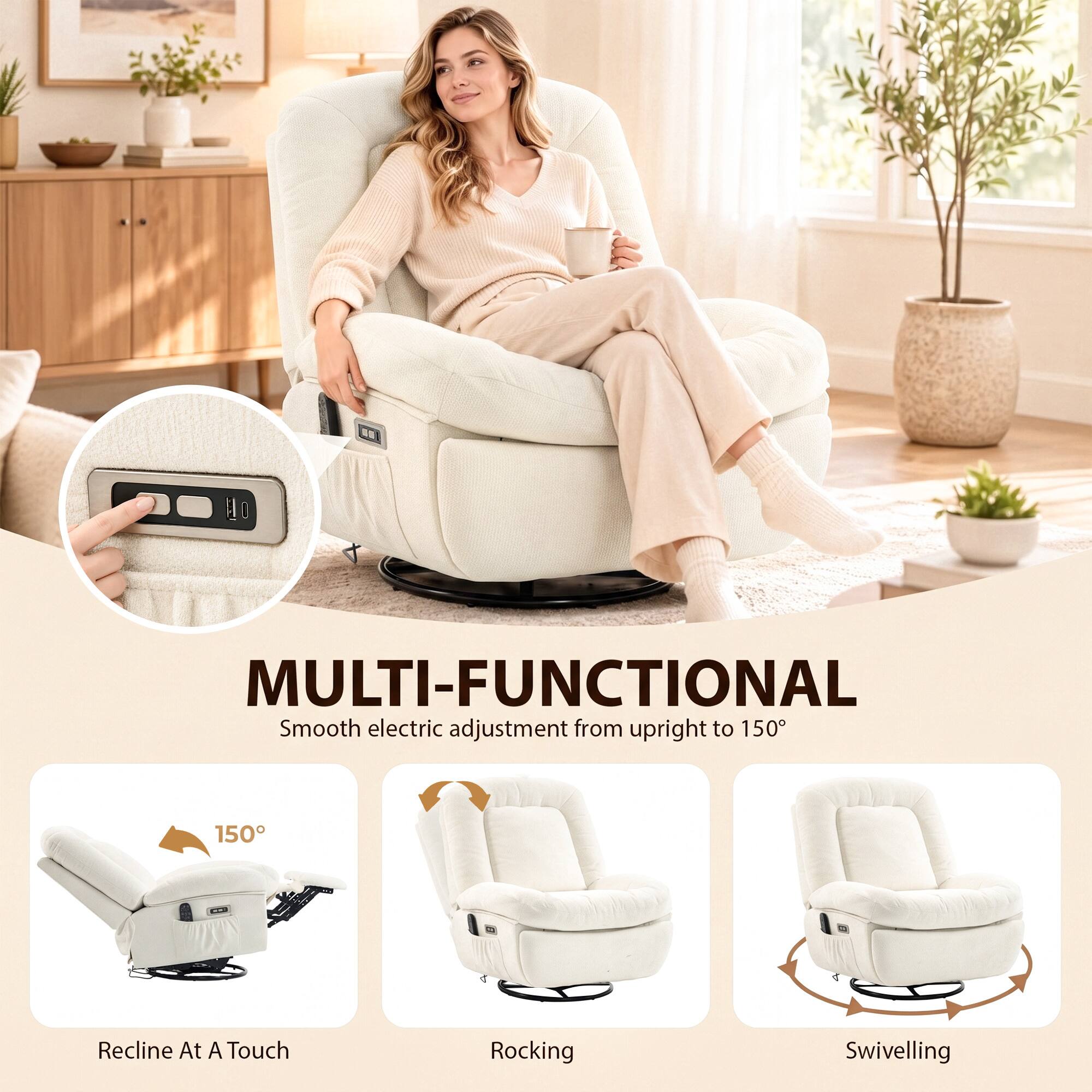 MULTI-FUNCTIONAL  
Smooth electric adjustment from upright to 150°

Recline At A Touch  
Rocking  
Swivelling