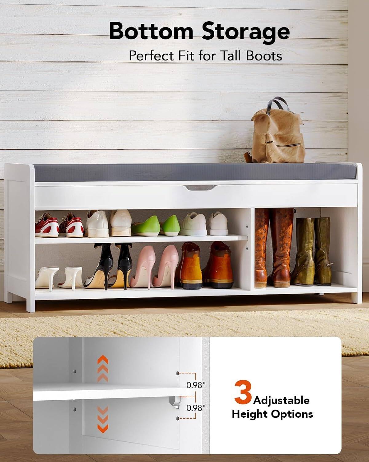 Bottom Storage  
Perfect Fit for Tall Boots  

0.98"  
0.98"  

3 Adjustable Height Options