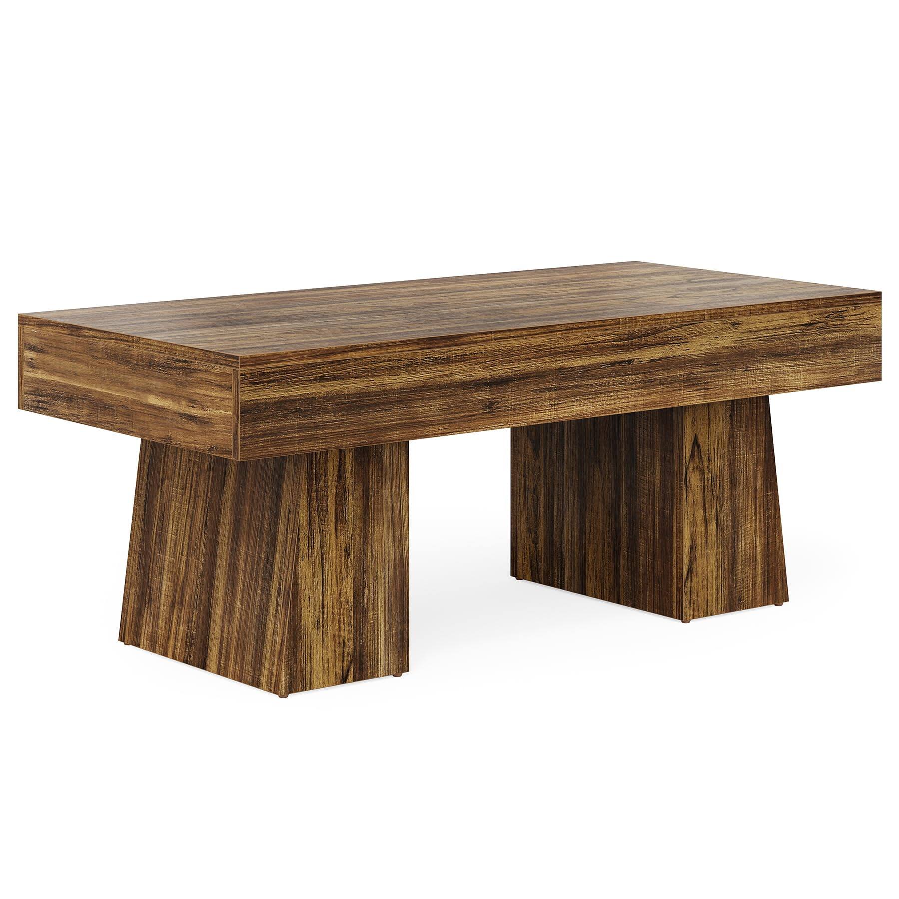 Alt View 5. Tribesigns - LITTLE TREE Farmhouse Coffee Table, 47 Inches Living Room Table, Rectangular Wooden Accent Center Tables with Thick Base - Walnut Brown.