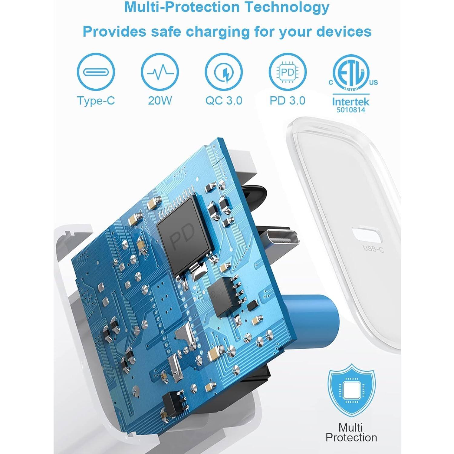 Multi-Protection Technology, Provides safe charging for your devices, Type-C, 20W, QC 3.0, PD 3.0, Intertek 5010814, PD USB-C, Multi Protection