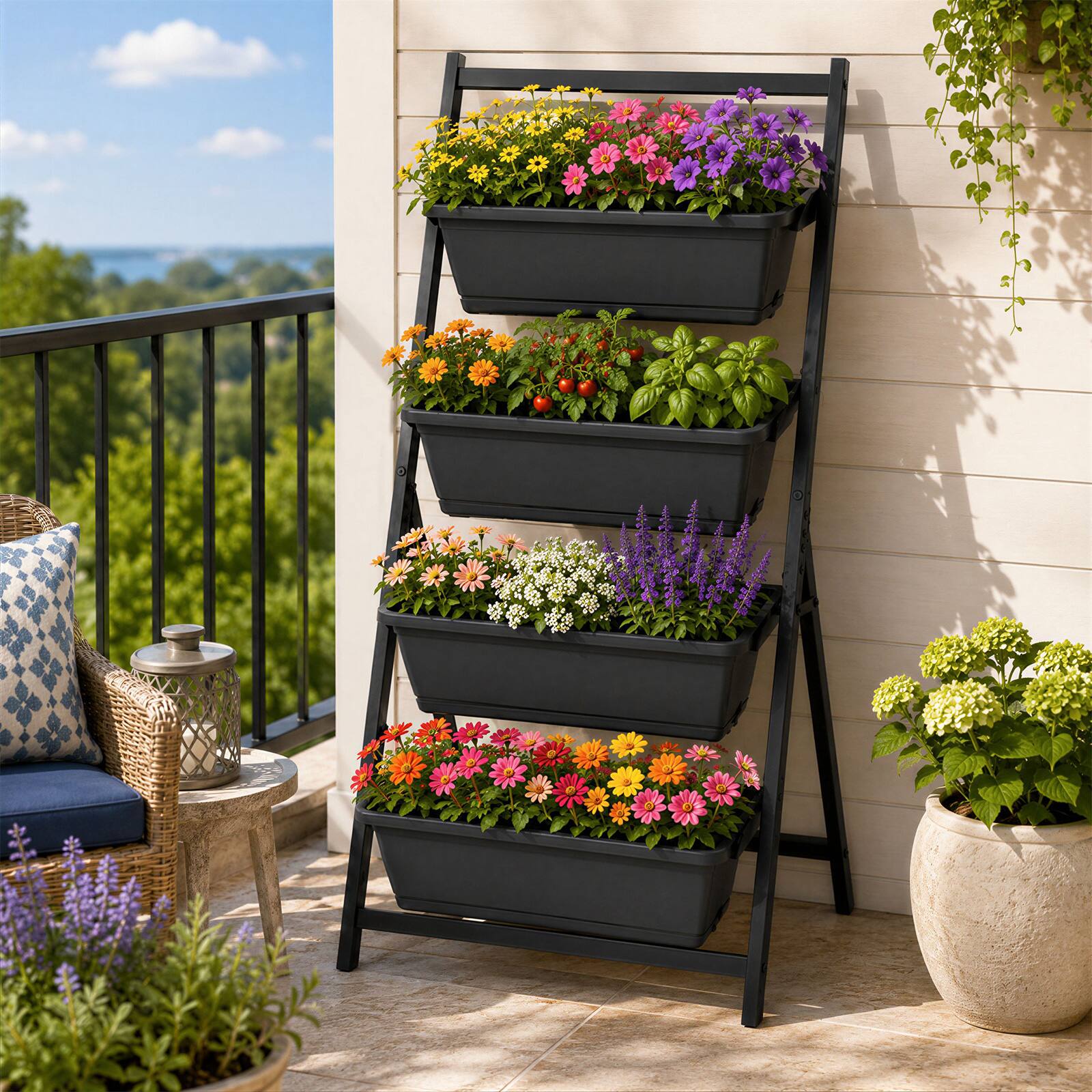 Alt View 1. Costway - 4 FT 4-Tier Vertical Raised Garden Bed Elevated Planter Box w/4 Container Boxes - Black + Brown.